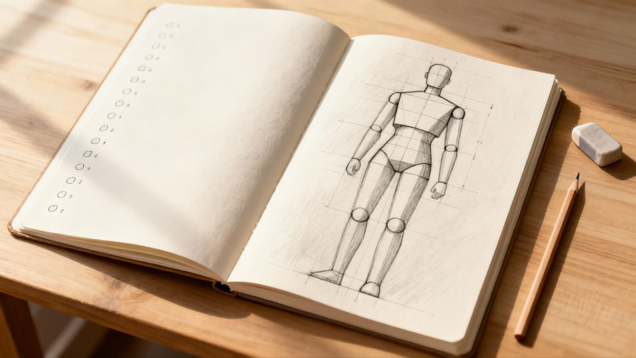 An open sketchbook displays a pencil drawing of a human figure, with a pencil and eraser on a wooden table.