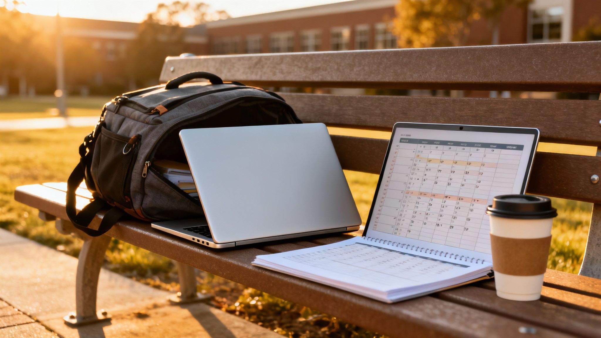 A student's outdoor workspace with a backpack, two laptops, a notebook, and a coffee cup on a bench on a college campus at sunset.