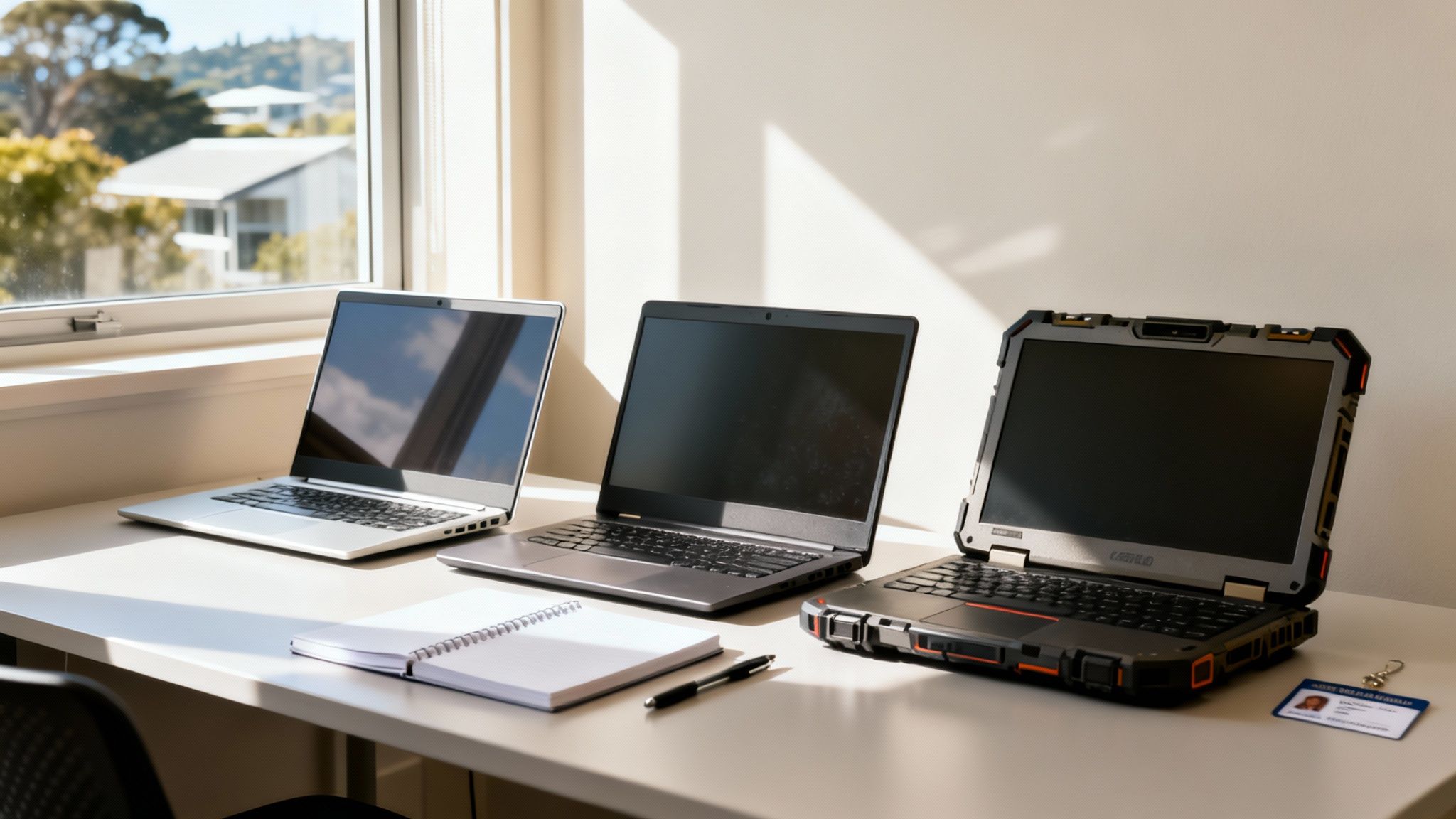 Three diverse laptops, including a rugged model, on a desk with a notebook and pen.