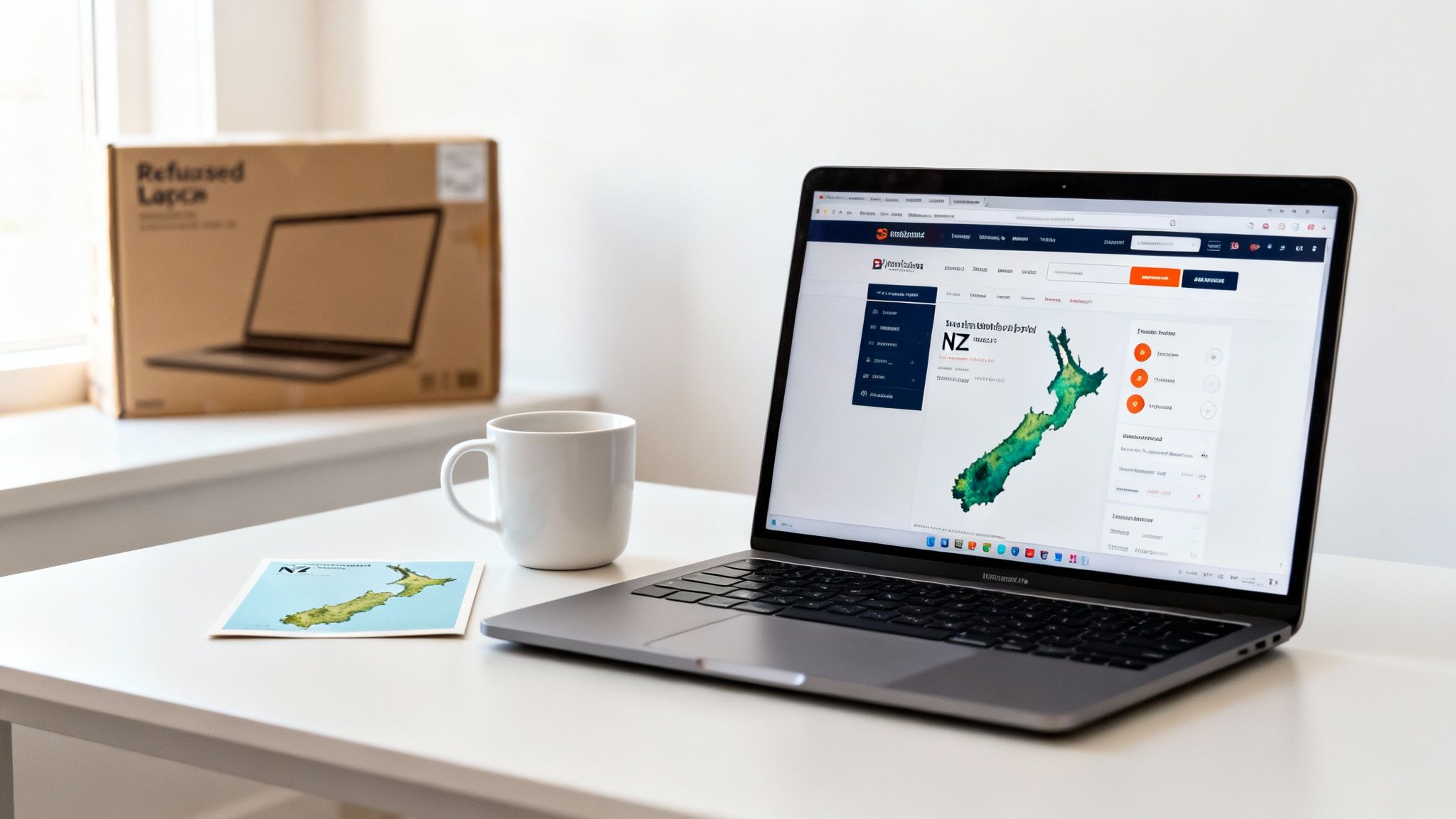 A laptop on a desk displays a map of New Zealand, next to a coffee mug and a laptop box.