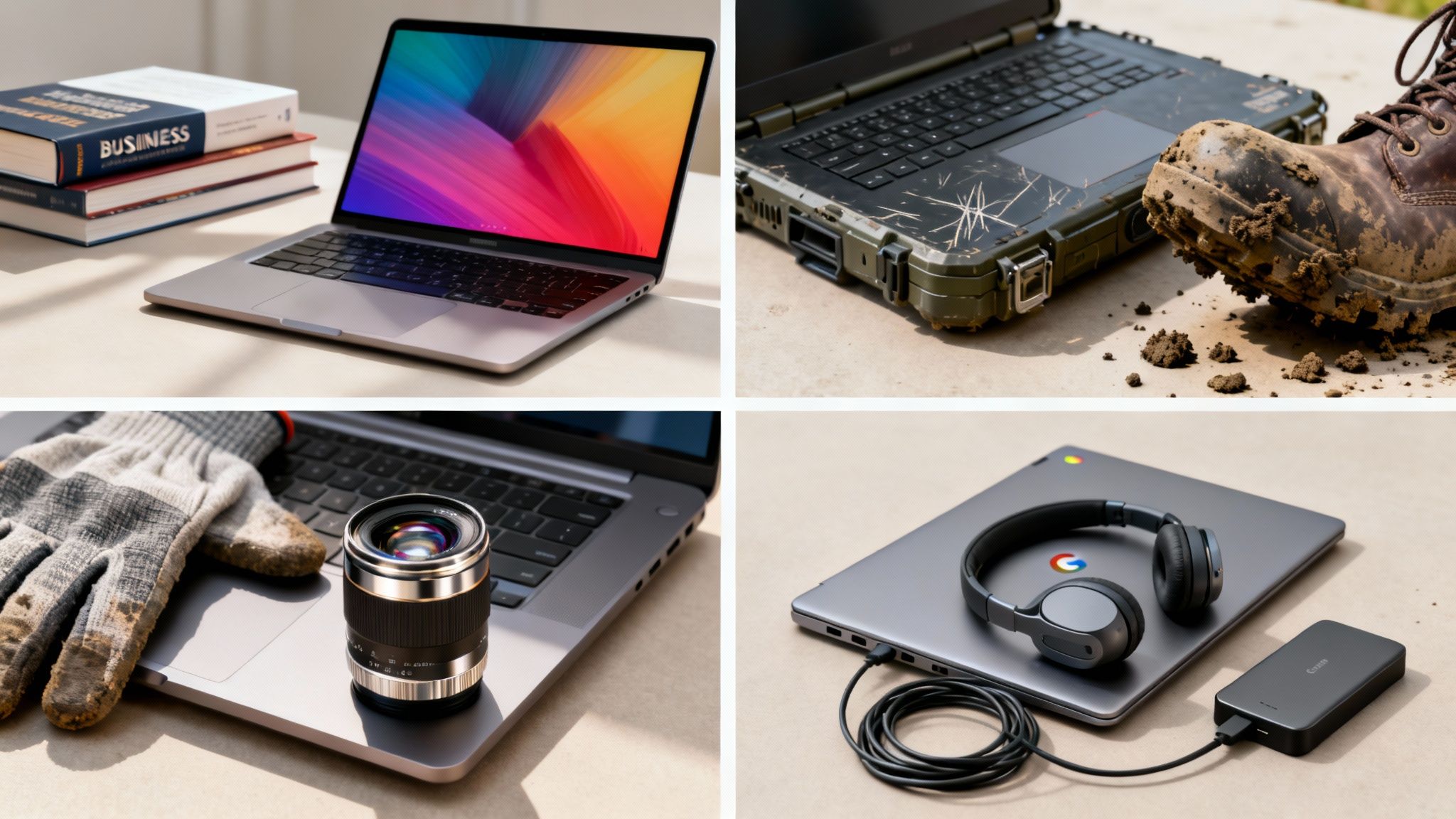 A four-panel collage showcasing diverse laptops used for business, rugged field work, photography, and everyday tasks.