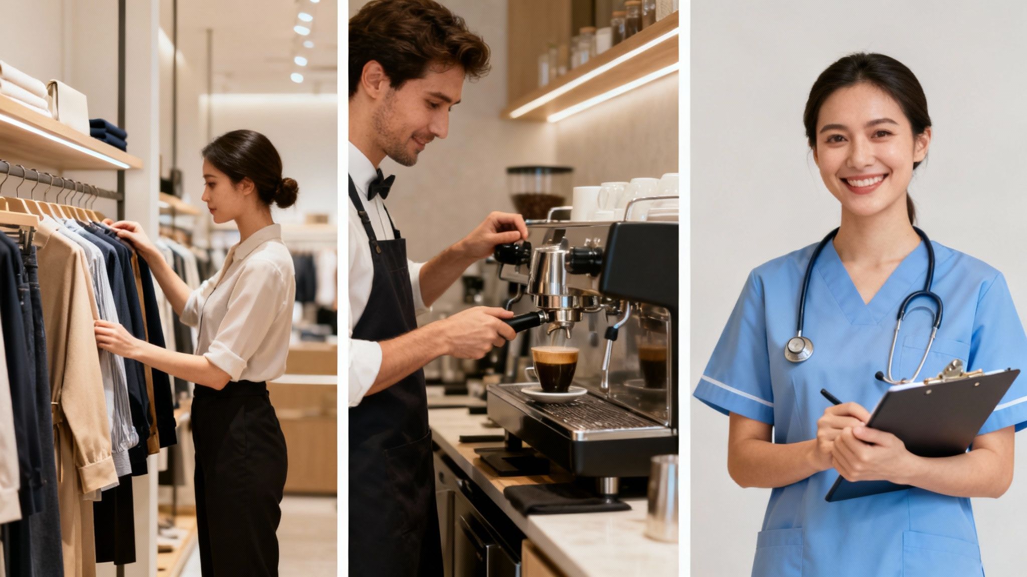 Three professionals: a retail assistant, a barista, and a nurse, representing diverse job roles.