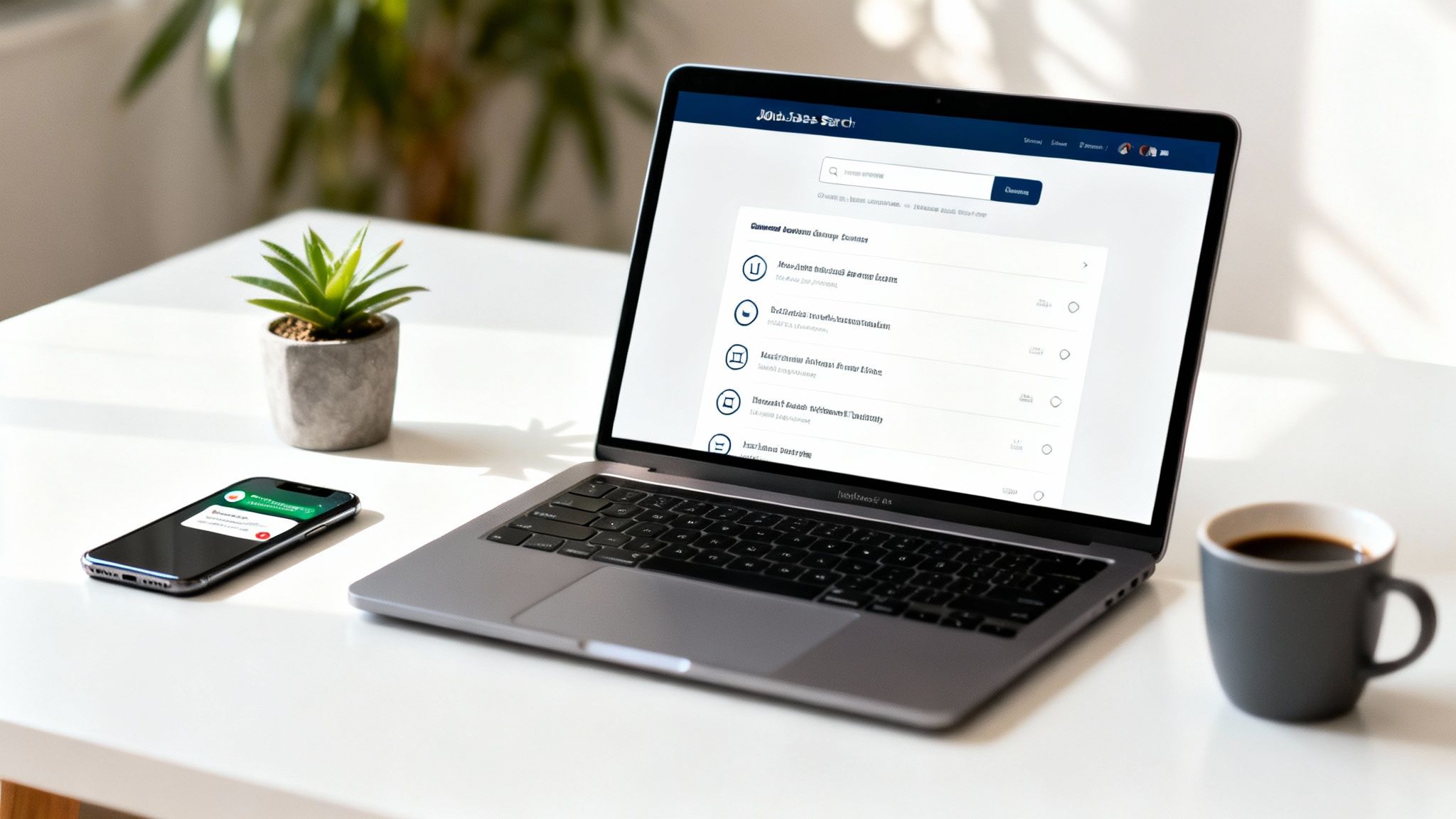 A bright workspace featuring a laptop displaying a job search website, a smartphone, a plant, and a coffee mug.