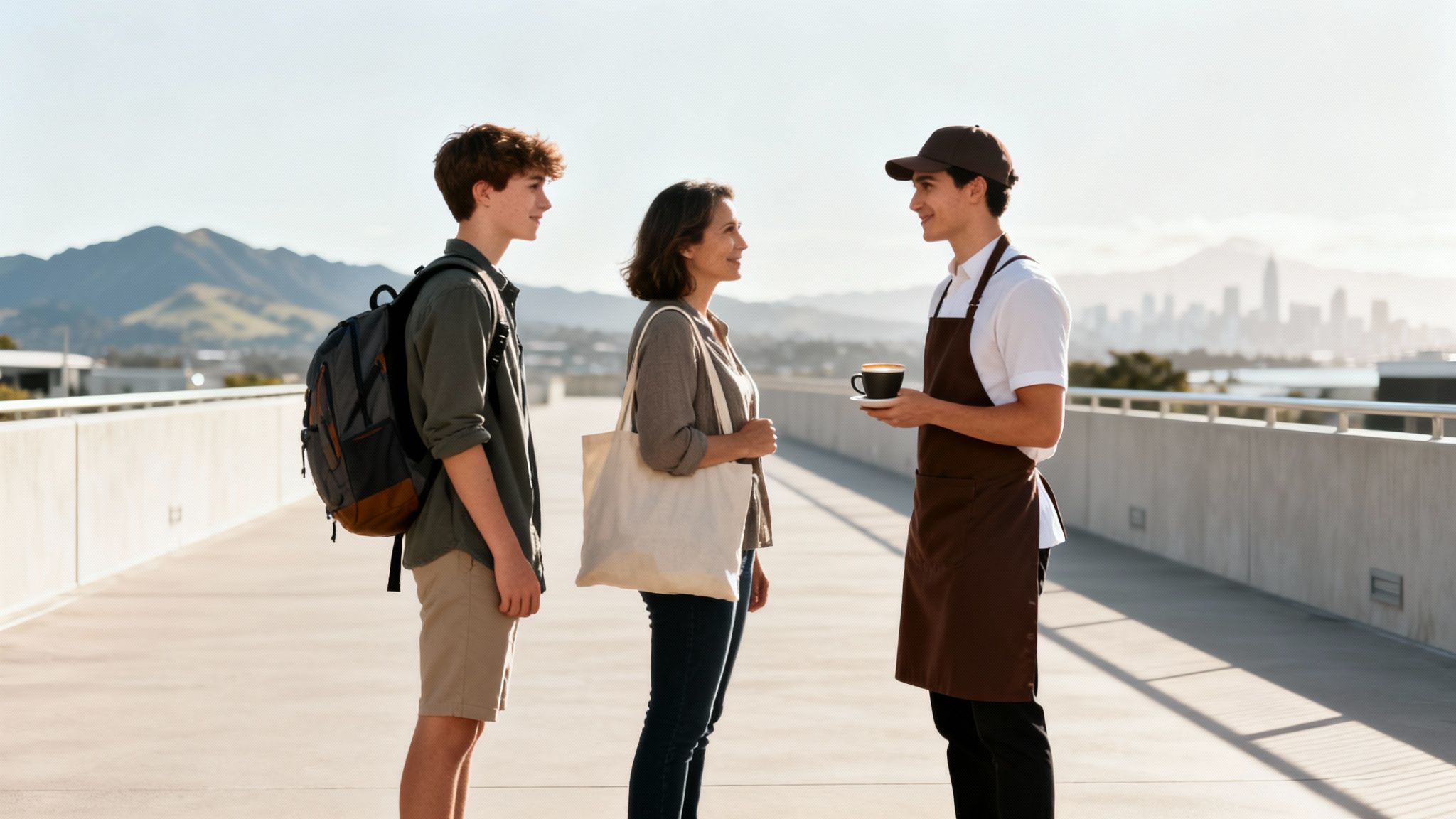 A barista serves coffee to a woman and a young man on an outdoor bridge with mountains and city views.