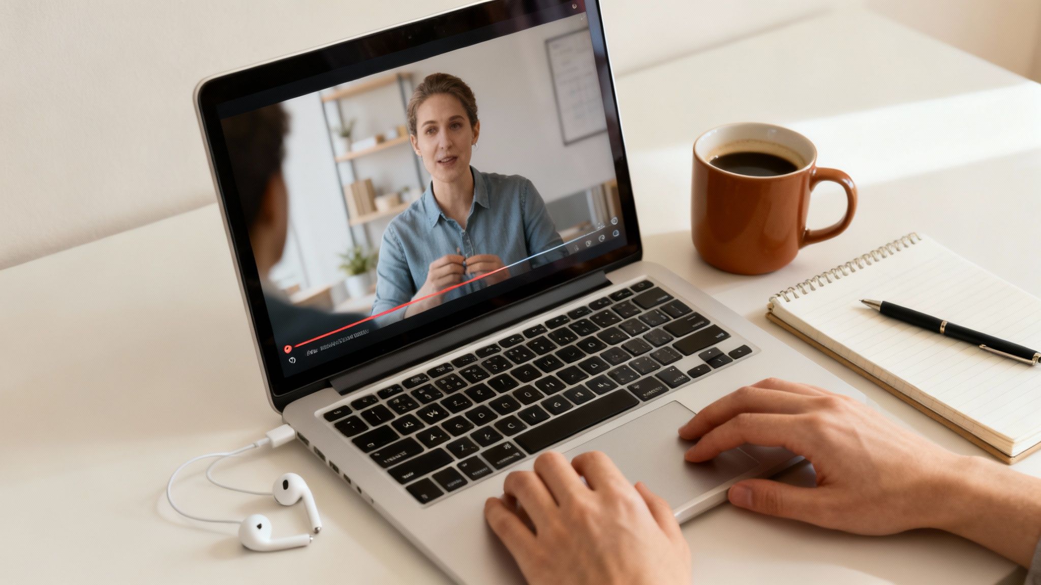 Person watching a woman on a laptop video call, with headphones, coffee, and a notebook.