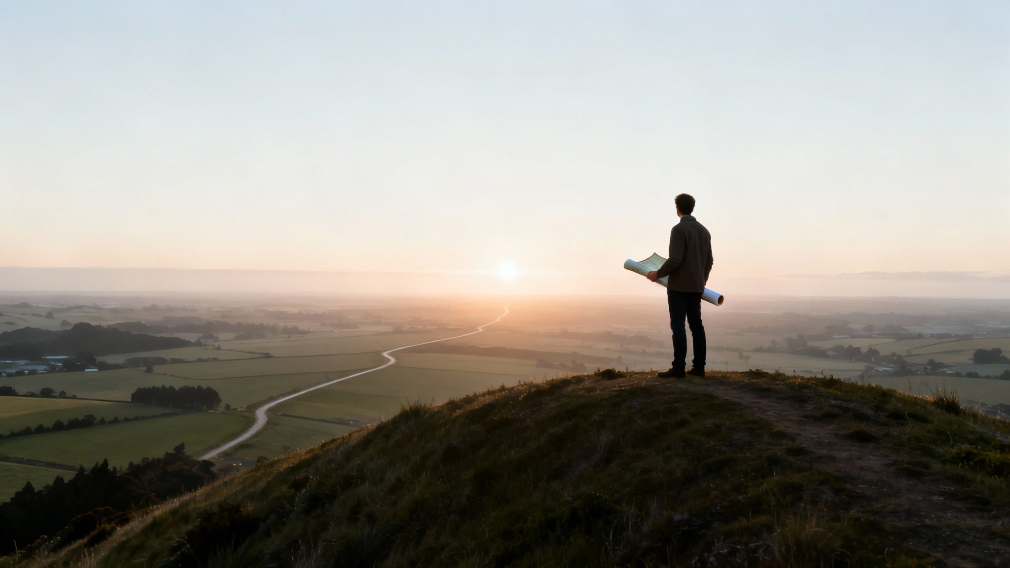 Man on a hill with a map, looking at a winding road and sunset over a vast landscape.