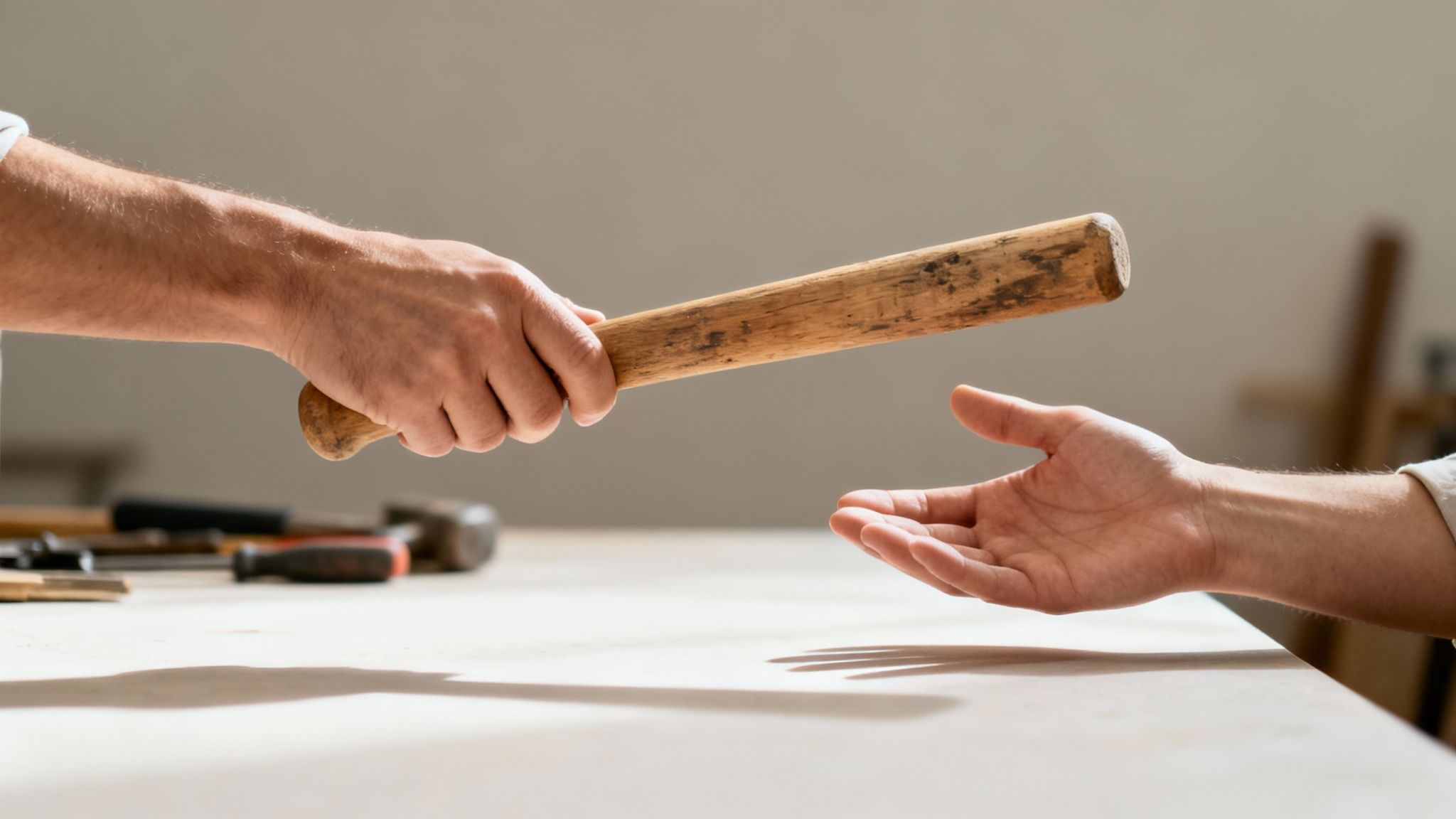 One hand passes a wooden mallet to another open hand, symbolizing a transfer of skill or responsibility.