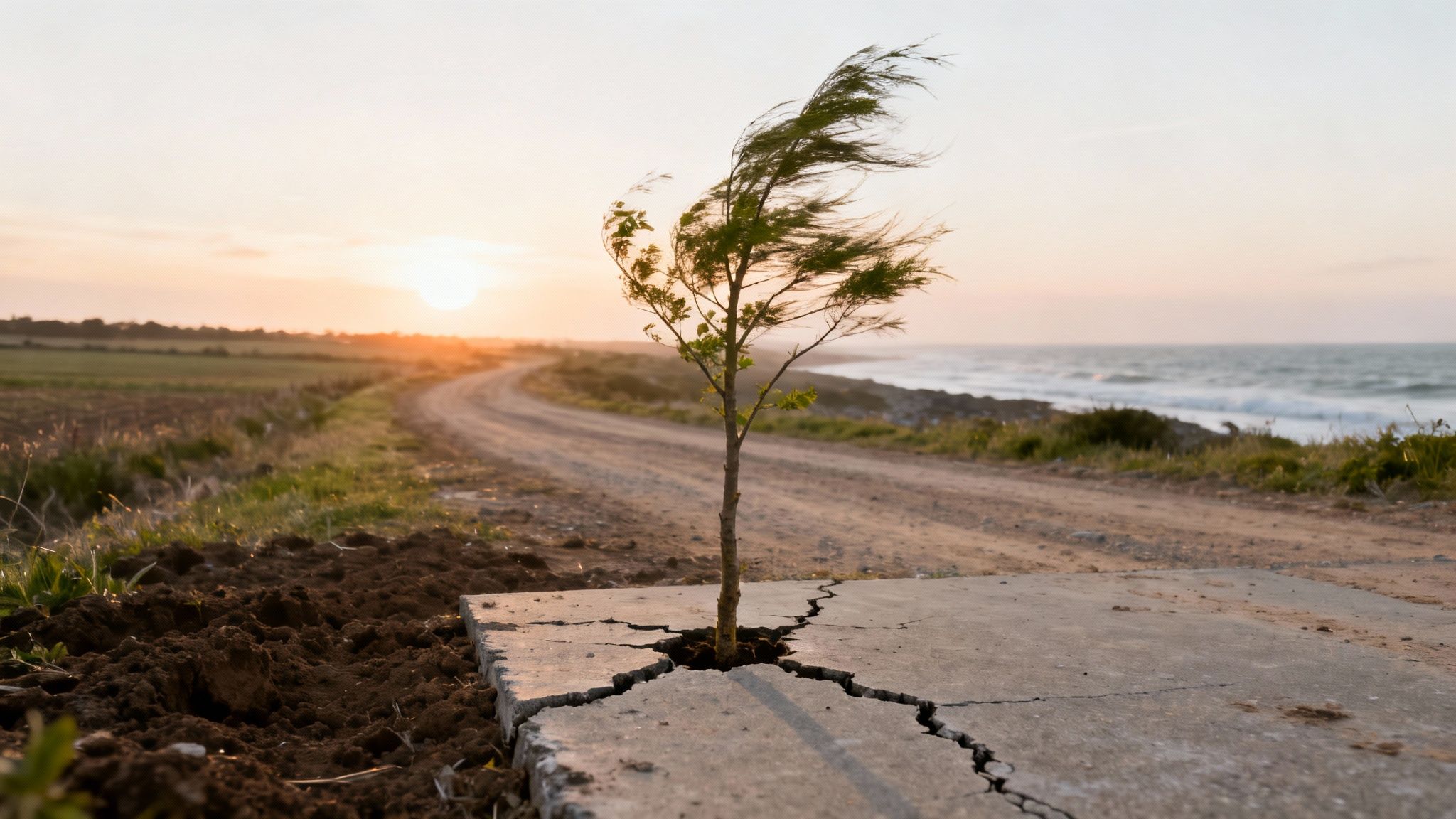 A small tree breaks through cracked concrete at sunset, with a dirt road and ocean in the background.