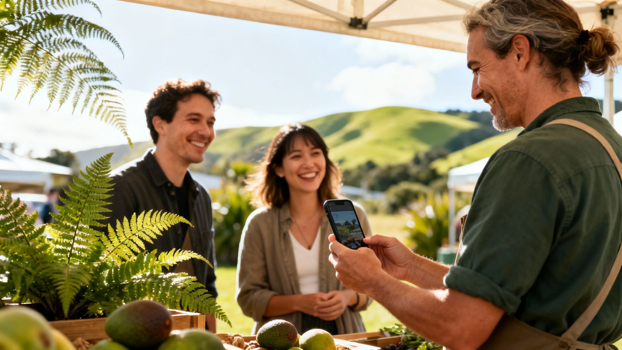 A happy market vendor takes a photo of a smiling couple at an outdoor market.