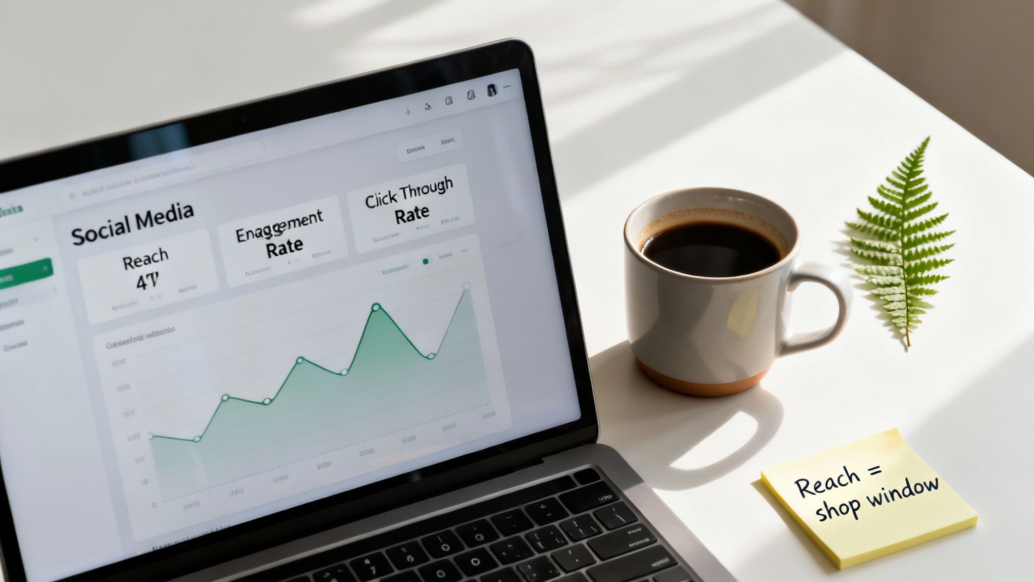 A laptop displays social media analytics metrics, next to a coffee mug, fern leaf, and a sticky note.