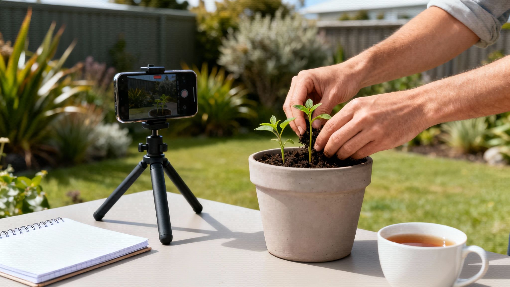 Hands planting small green seedlings into a pot, filmed by a smartphone on a tripod outdoors.