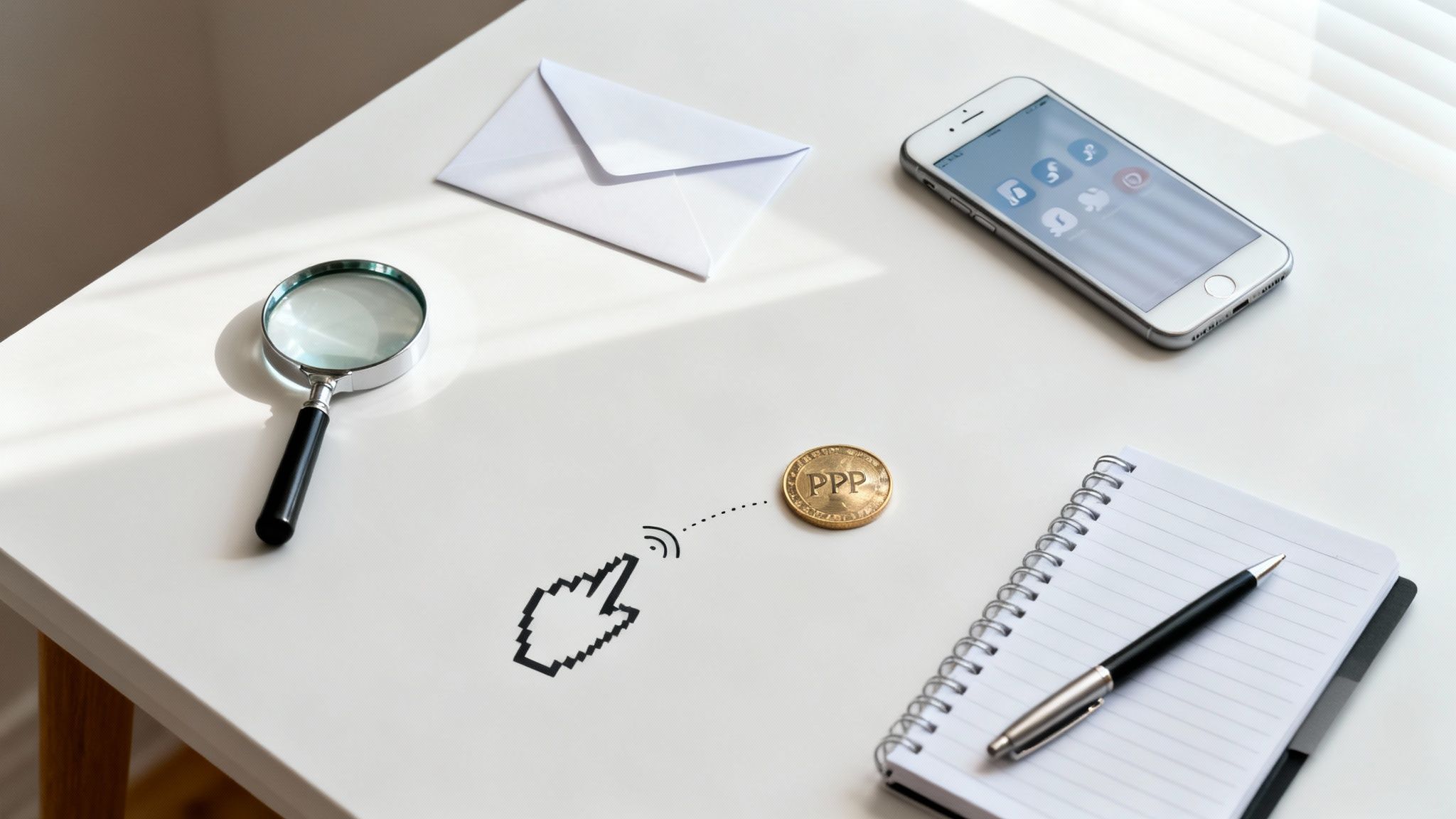 A flat lay of a white desk with a magnifying glass, envelope, smartphone, PPP coin, mouse cursor, notebook, and pen.