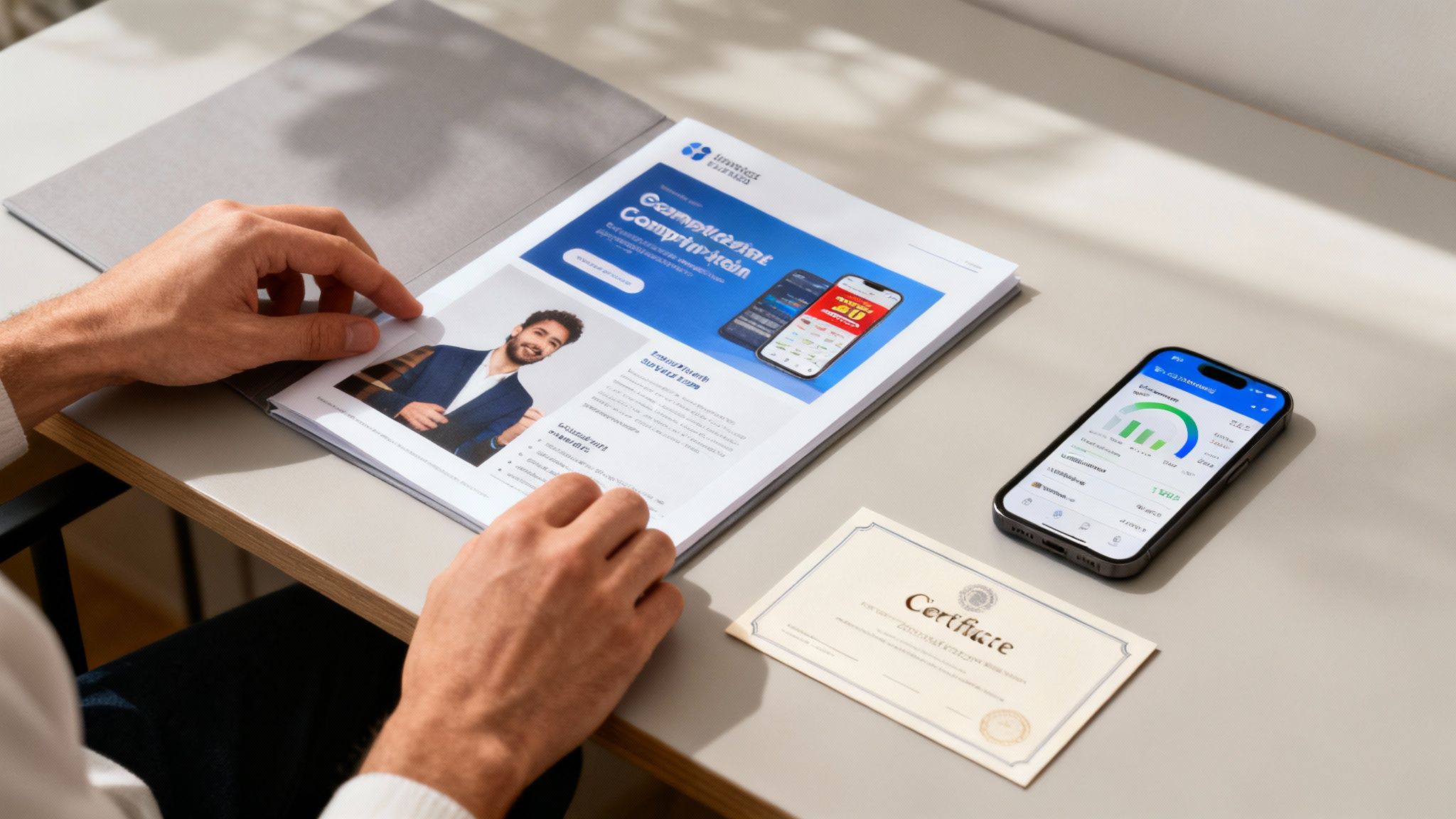A person reviews a digital marketing brochure on a desk, next to a smartphone showing an app and a certificate.