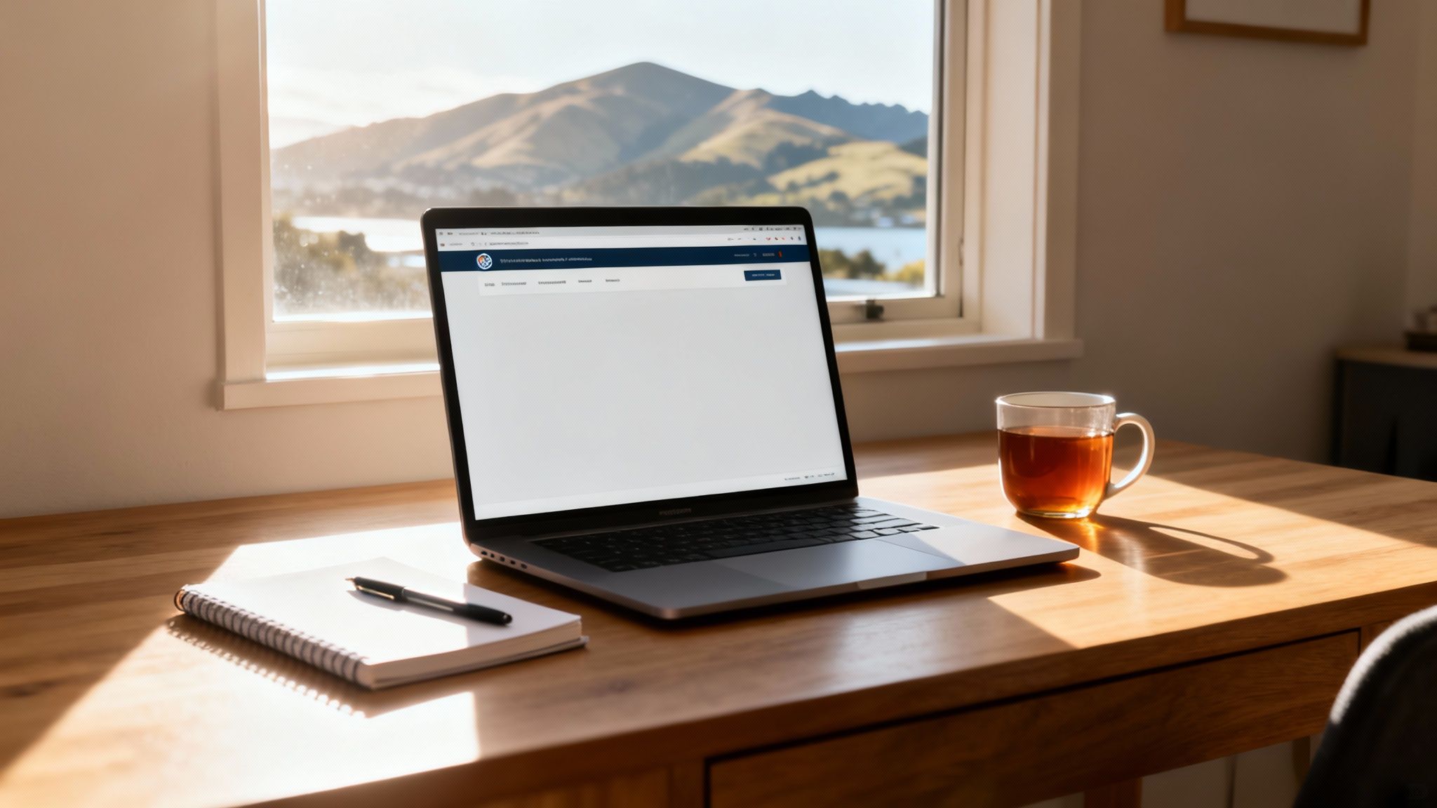 A cozy home office setup with a laptop, notebook, and tea on a sunny wooden desk overlooking a scenic mountain lake.