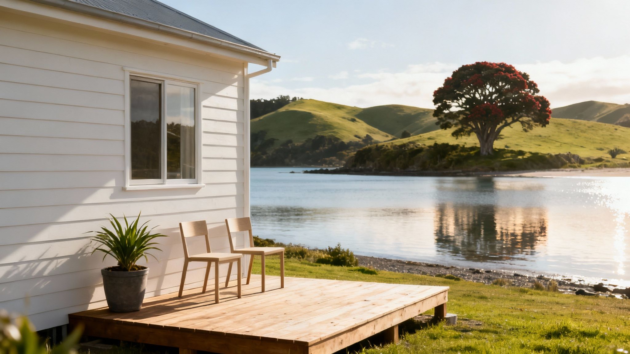 A charming white house with a wooden deck and two chairs overlooks a serene bay with green hills.