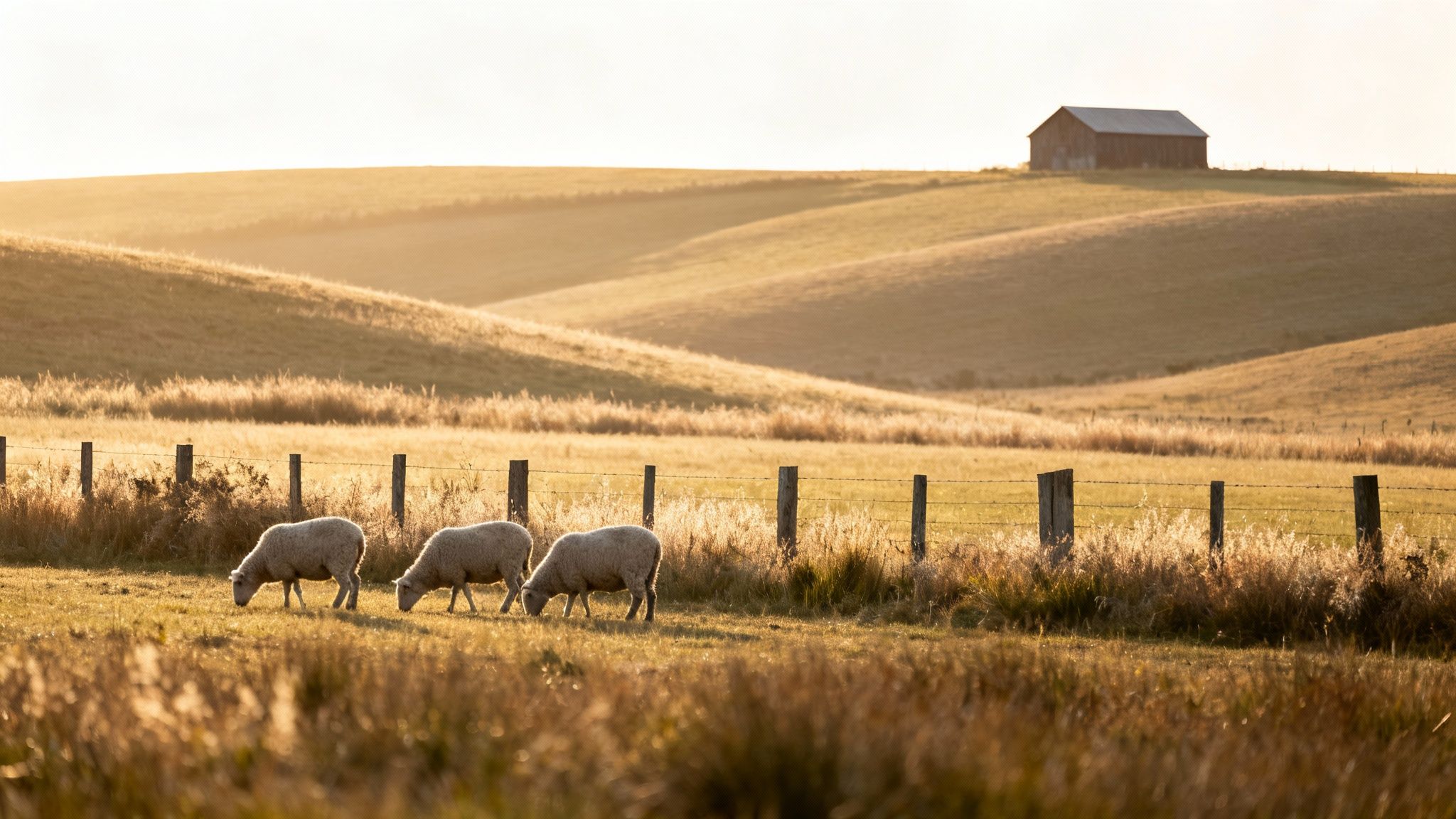 Three sheep graze in a golden field with rolling hills and a barn under warm light.