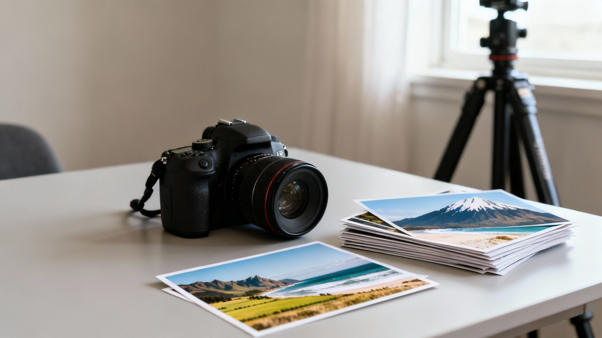 A black DSLR camera and a stack of printed landscape photos on a light table, with a tripod in the background.