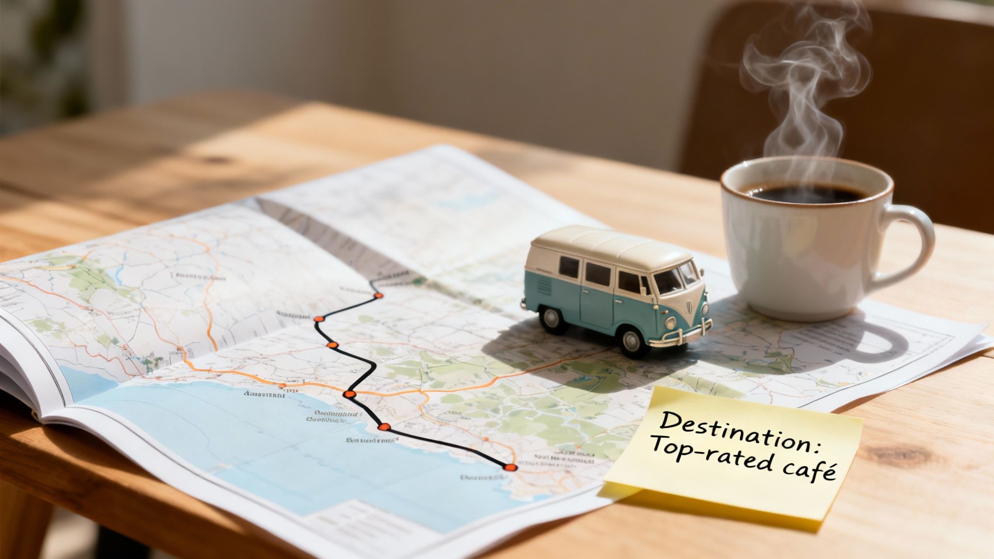A map with a drawn route, a toy van, and a coffee mug, planning a road trip to a top-rated café.