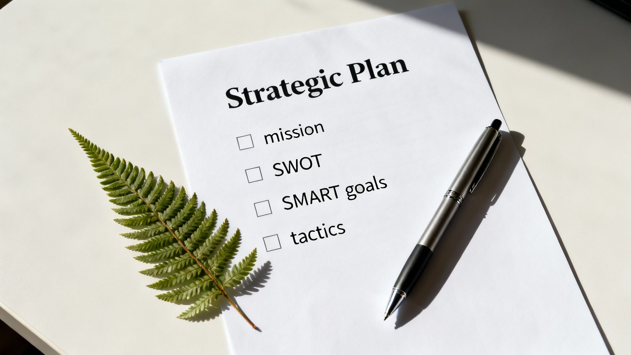 A strategic plan document with a checklist for mission, SWOT, SMART goals, and tactics, with a pen and a fern.
