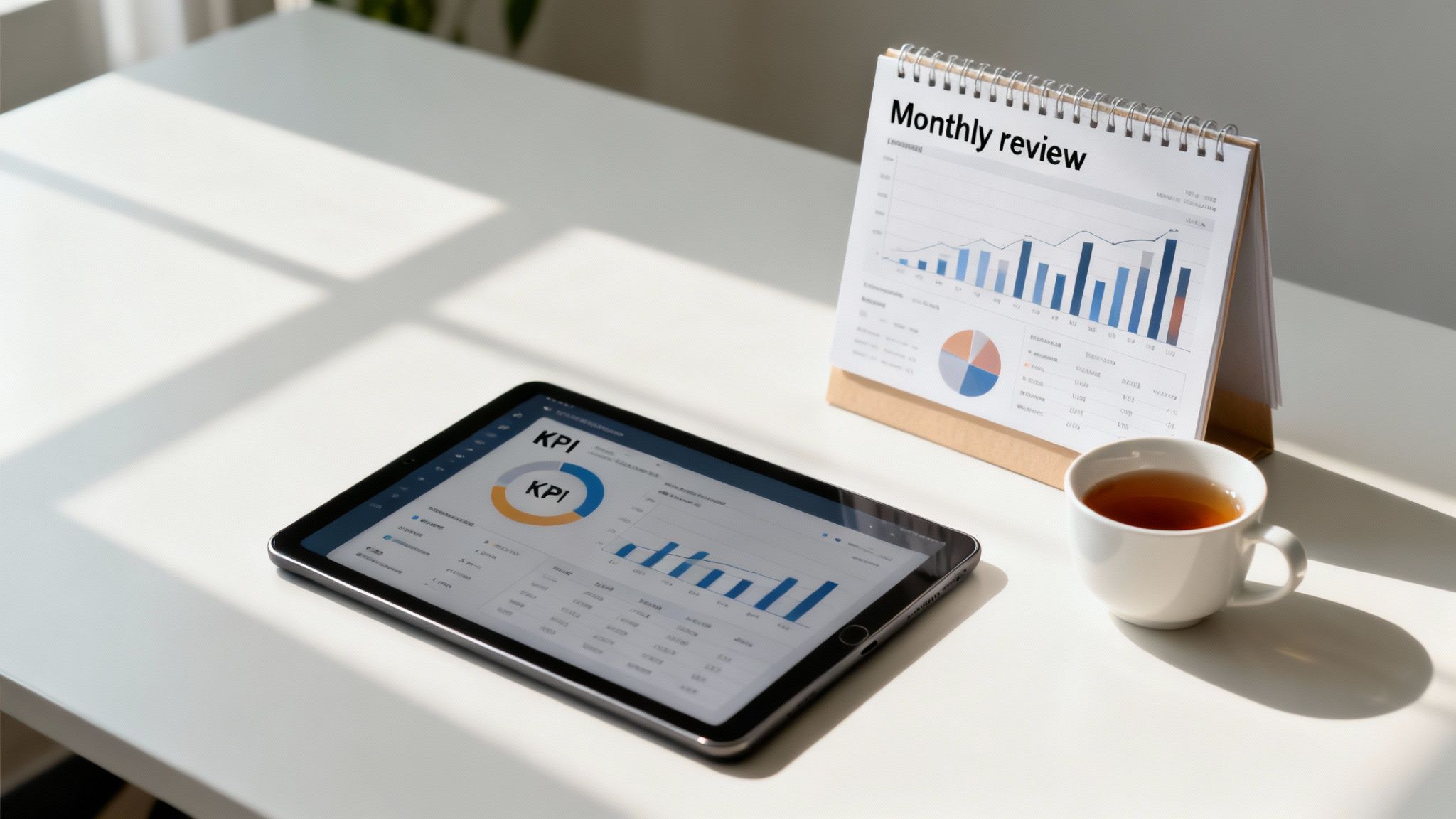 A clean desk setup with a tablet, monthly review calendar with charts, and a cup of tea.