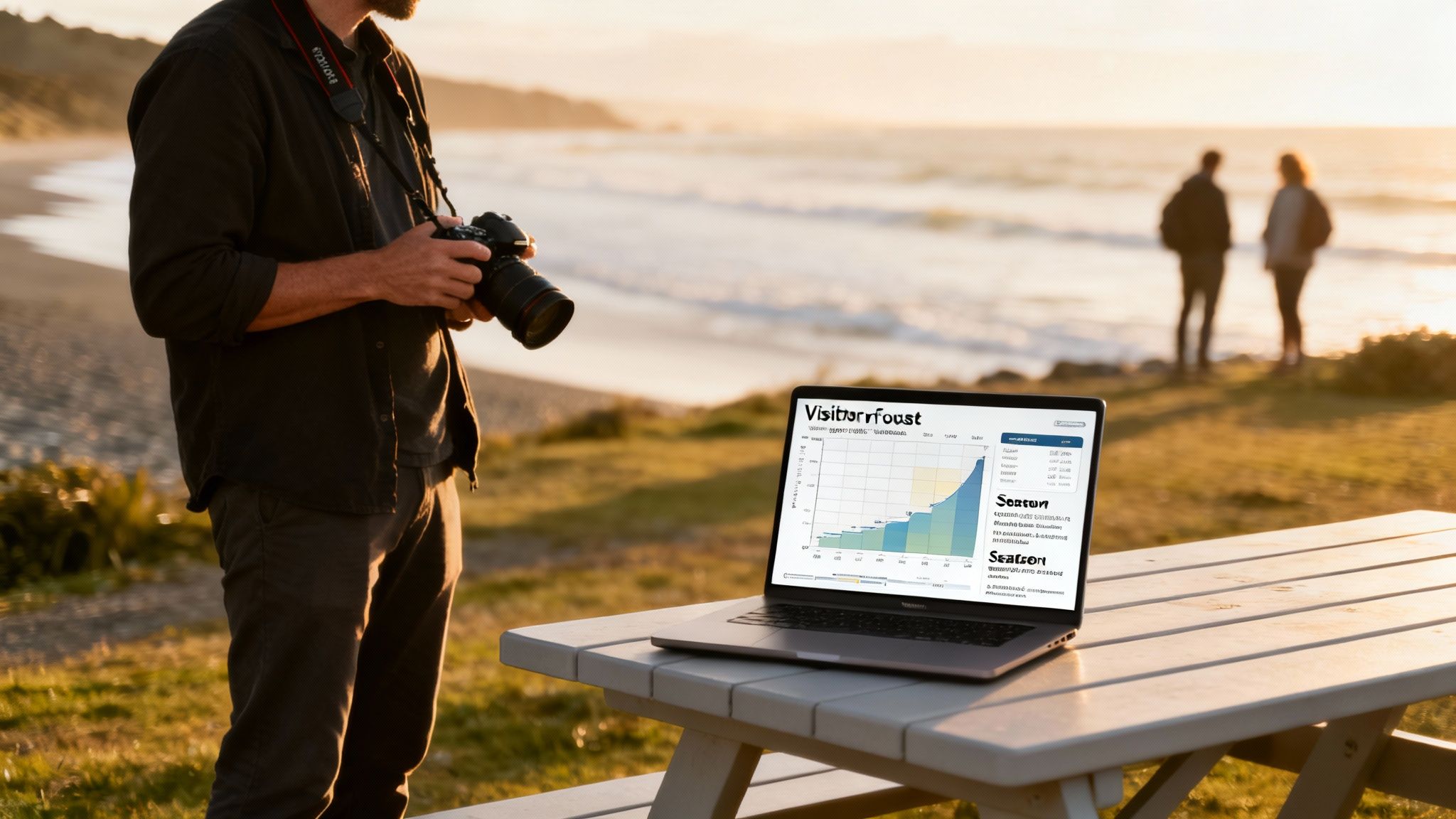 Photographer at sunset by the beach, with a laptop on a picnic table showing a growth chart.