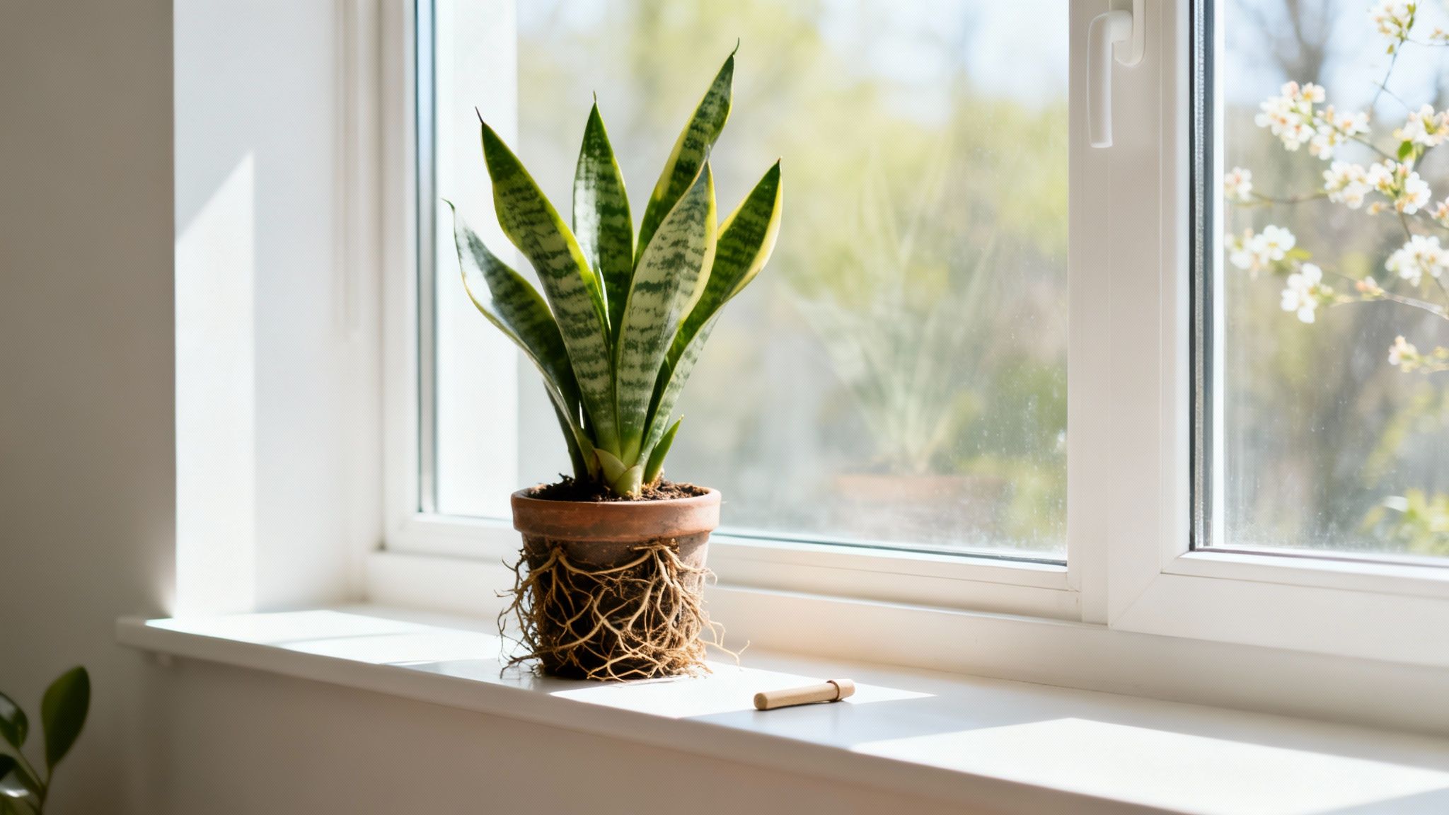 A vibrant snake plant with visible roots in a terracotta pot on a sunny white windowsill.