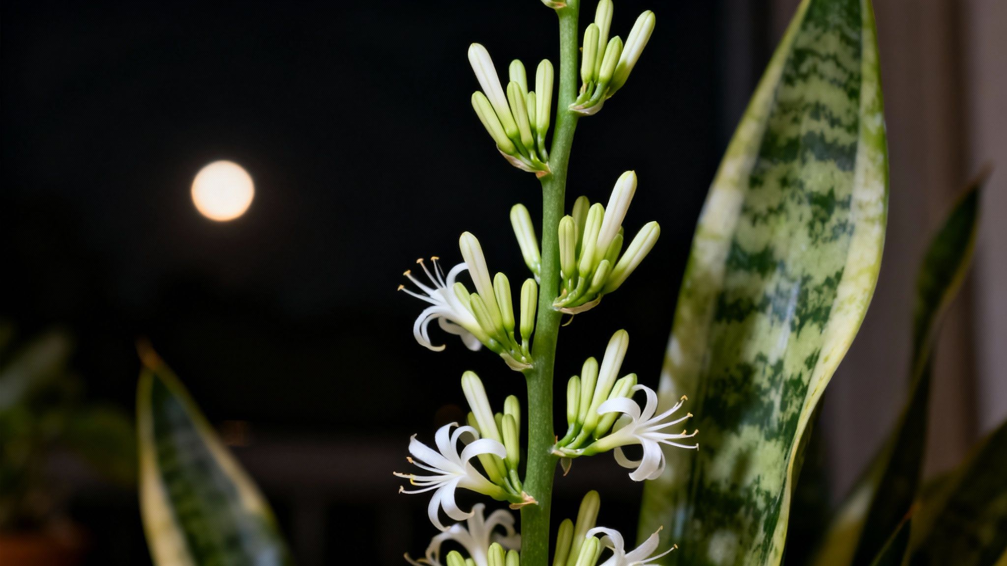 Beautiful white flowers blooming on a snake plant stalk, with variegated leaves and a bokeh light.