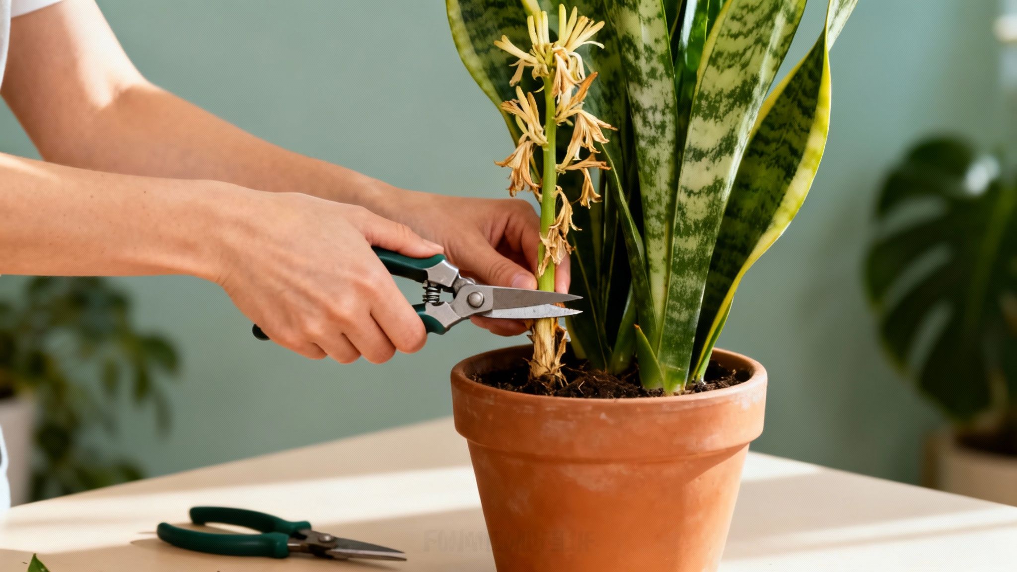 Close-up of hands pruning a dried flower stalk from a snake plant in a terracotta pot.