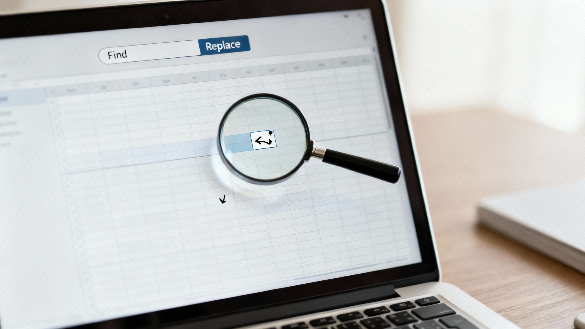 A magnifying glass highlights an expand/collapse icon on a laptop screen with Find and Replace functions.
