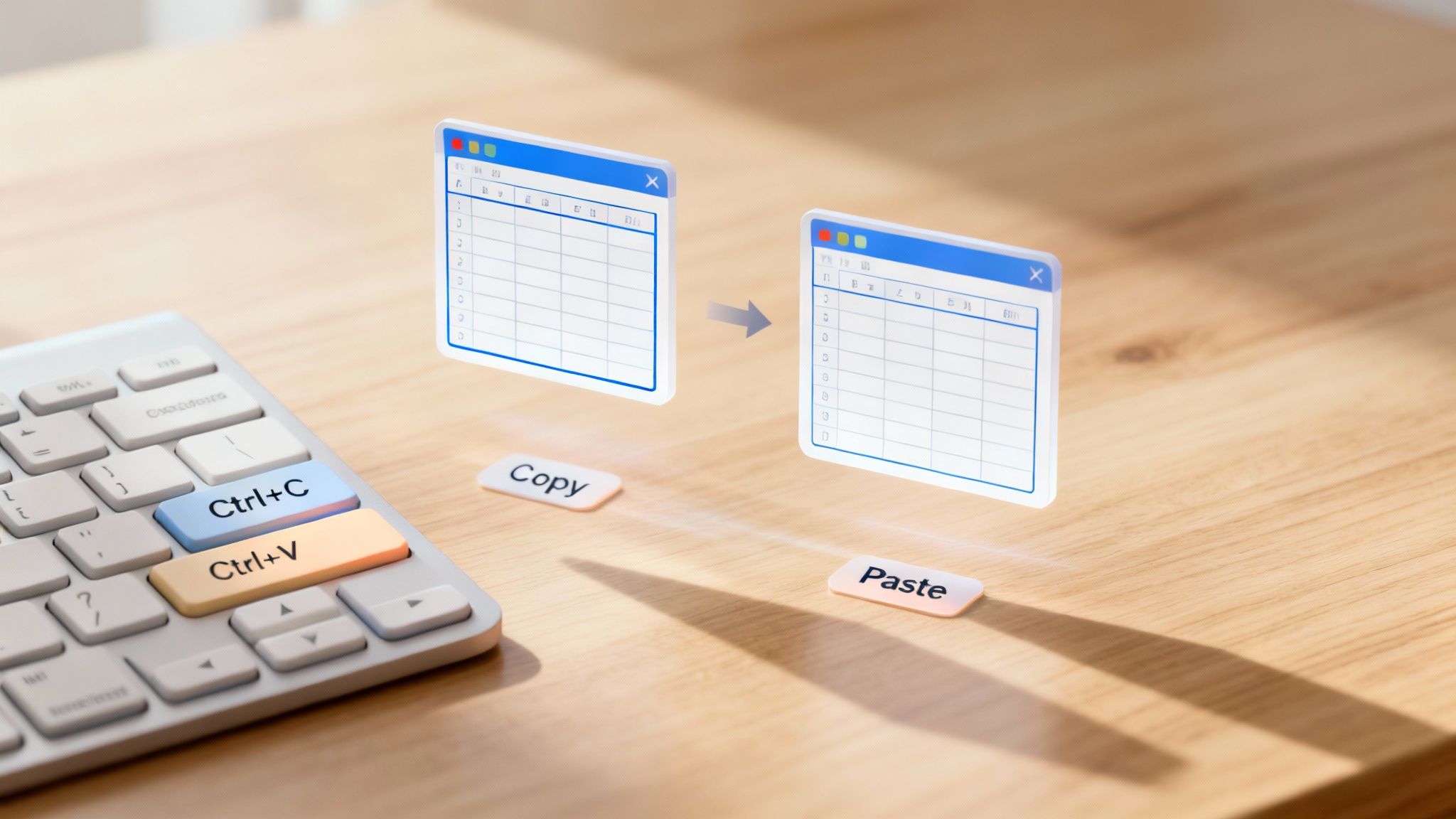 Digital representation of data being copied and pasted between two spreadsheet windows using keyboard shortcuts.
