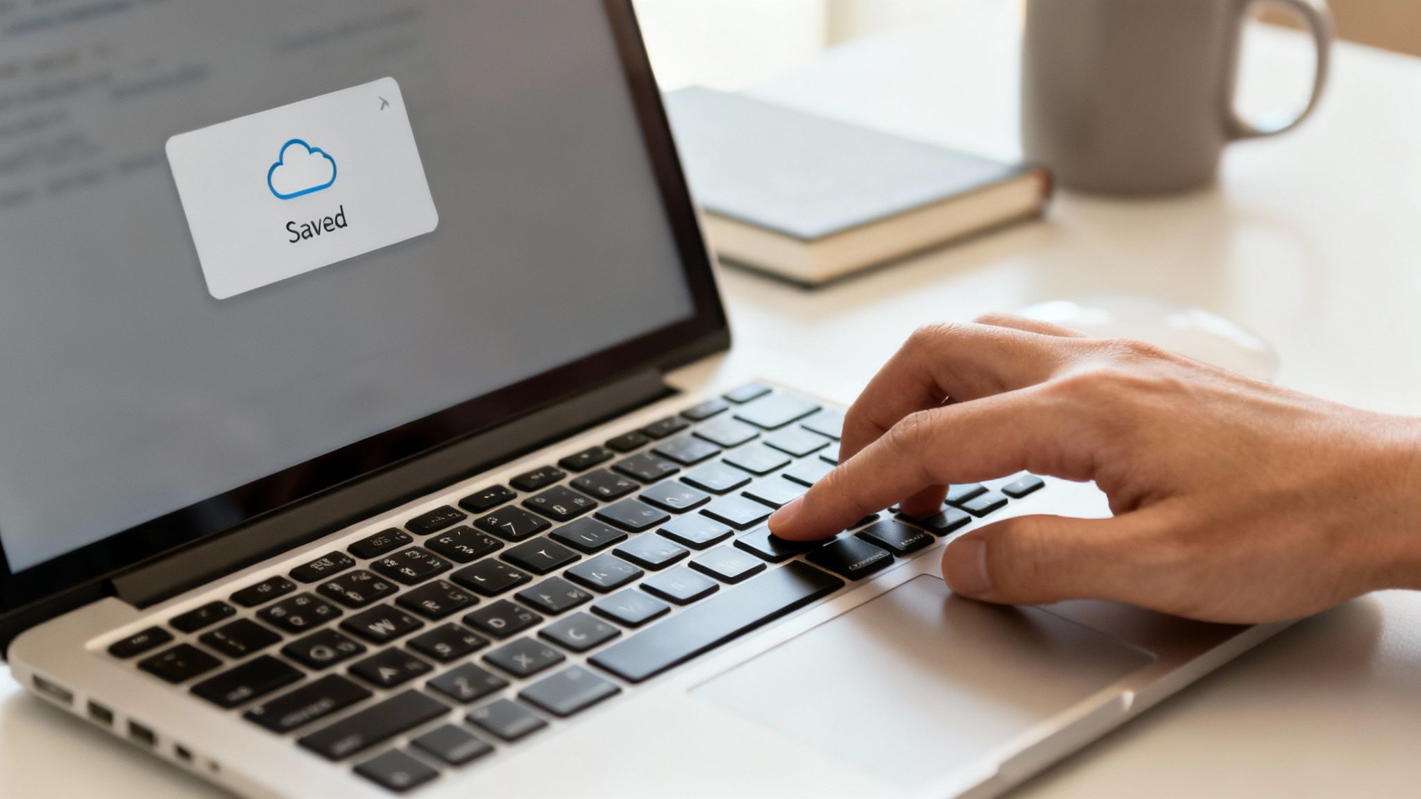 A person types on a laptop keyboard, with a 'Saved' cloud icon pop-up on the screen.