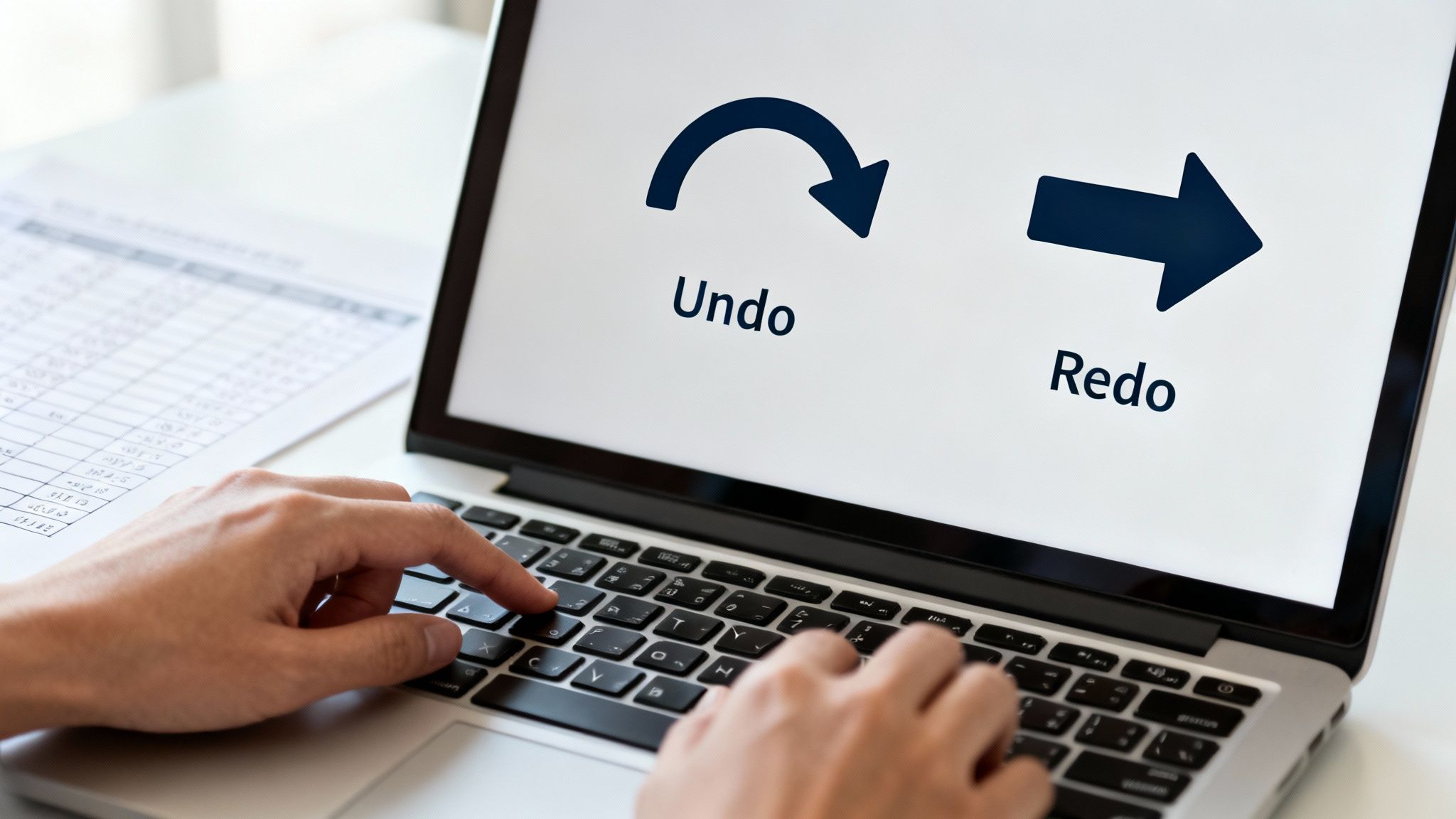 Person typing on a laptop, screen showing 'Undo' with a curved arrow and 'Redo' with a straight arrow.