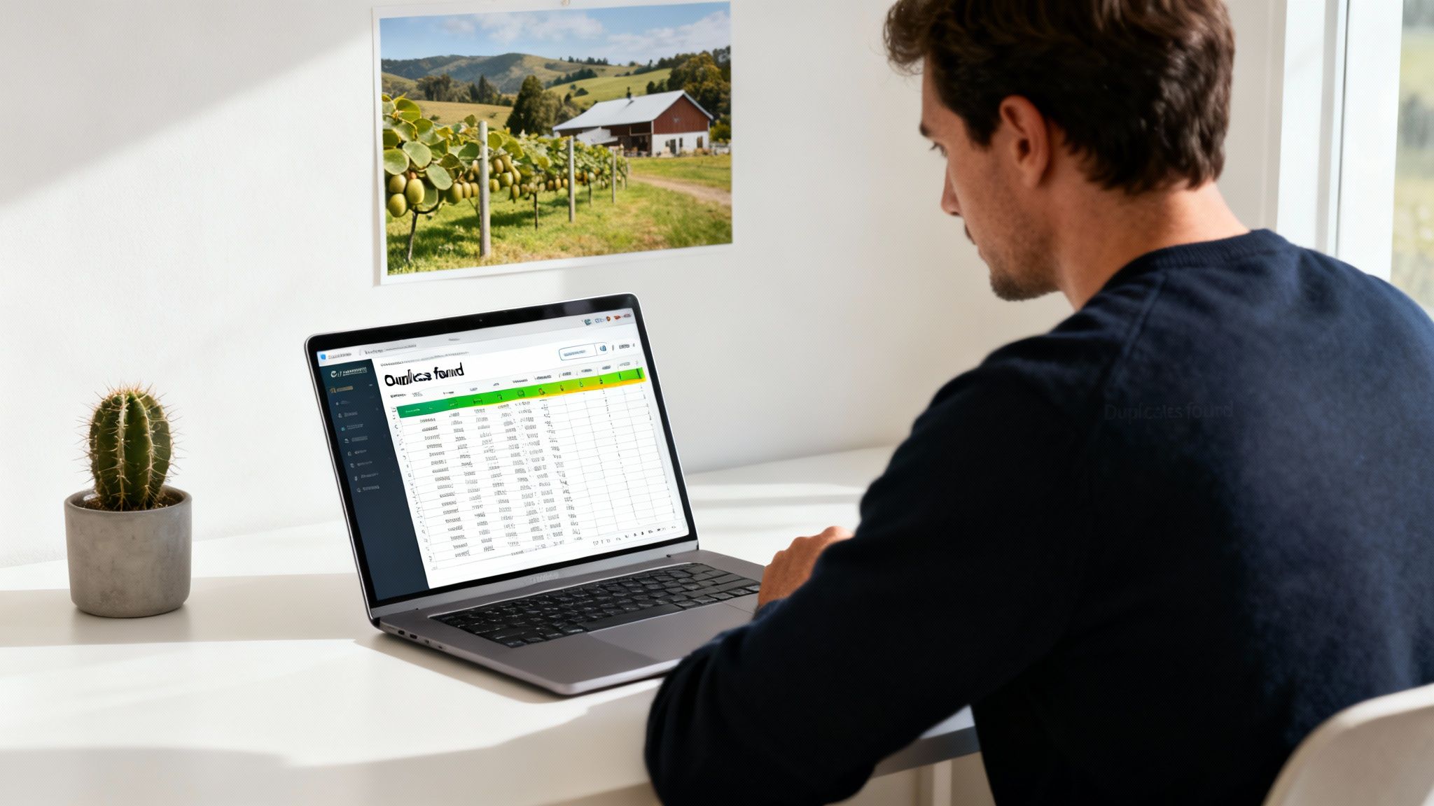 A man using a laptop displaying "Duplicates found" in a spreadsheet, with a cactus and a vineyard picture nearby.