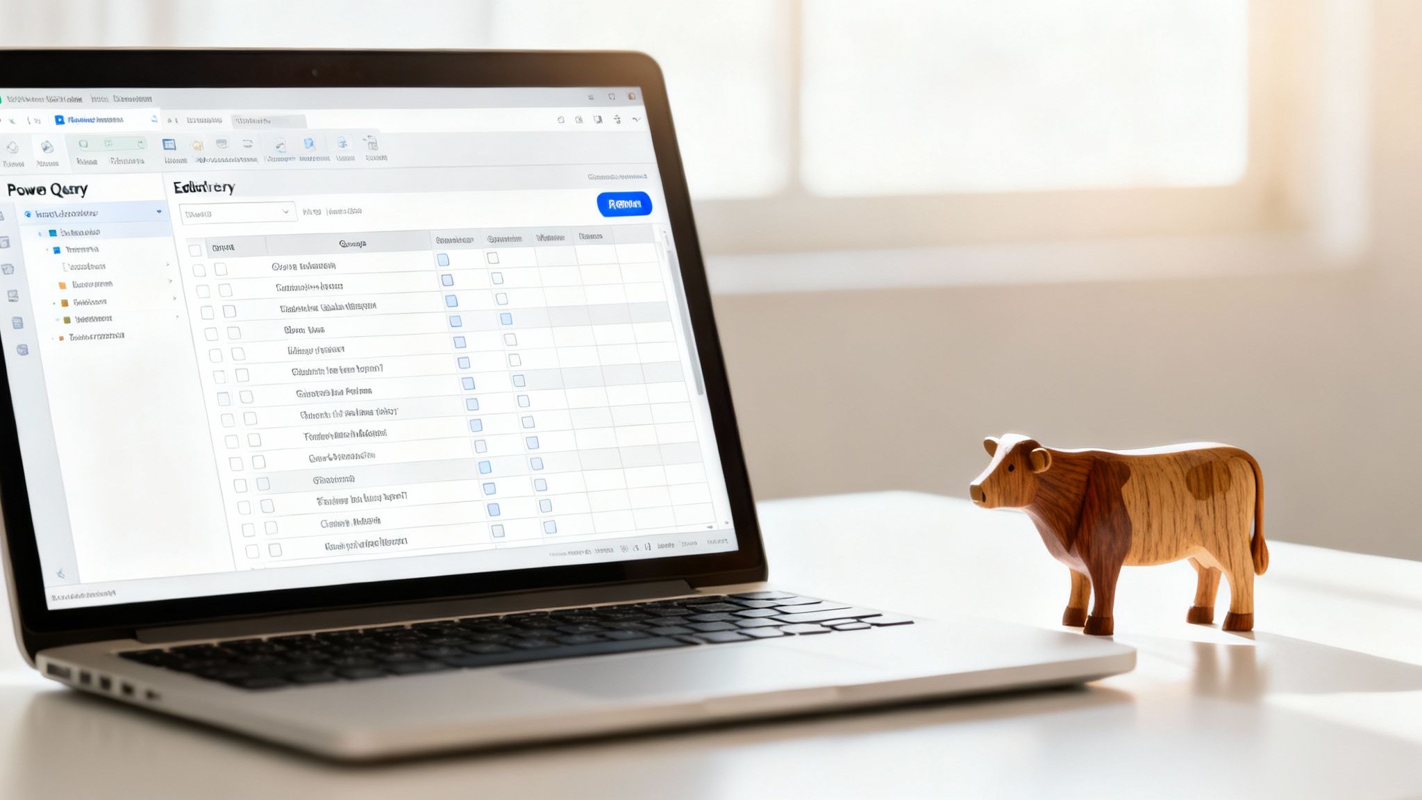 A laptop displaying Power Query software next to a wooden cow figurine on a white desk.