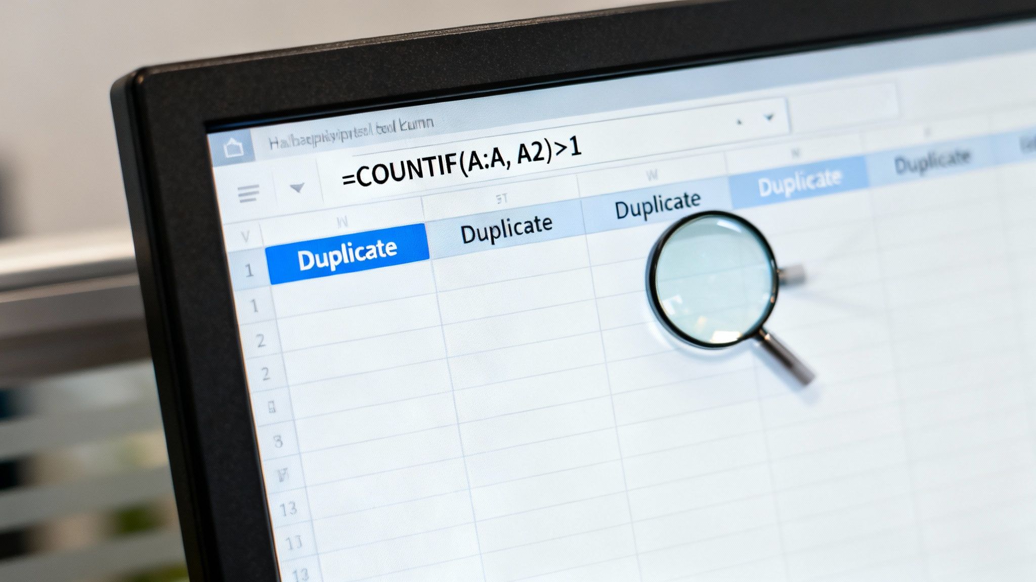 Spreadsheet on a monitor with a COUNTIF formula for finding duplicate entries, and a magnifying glass.
