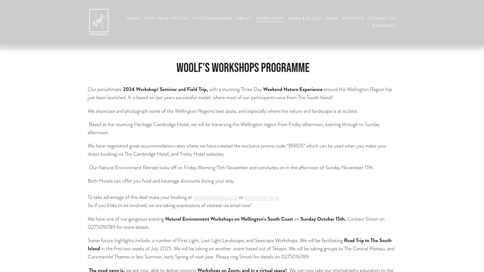 The programme of courses offered by Woolf Photography Workshops, showing options like Lightroom, Macro, and Environmental Portraiture.