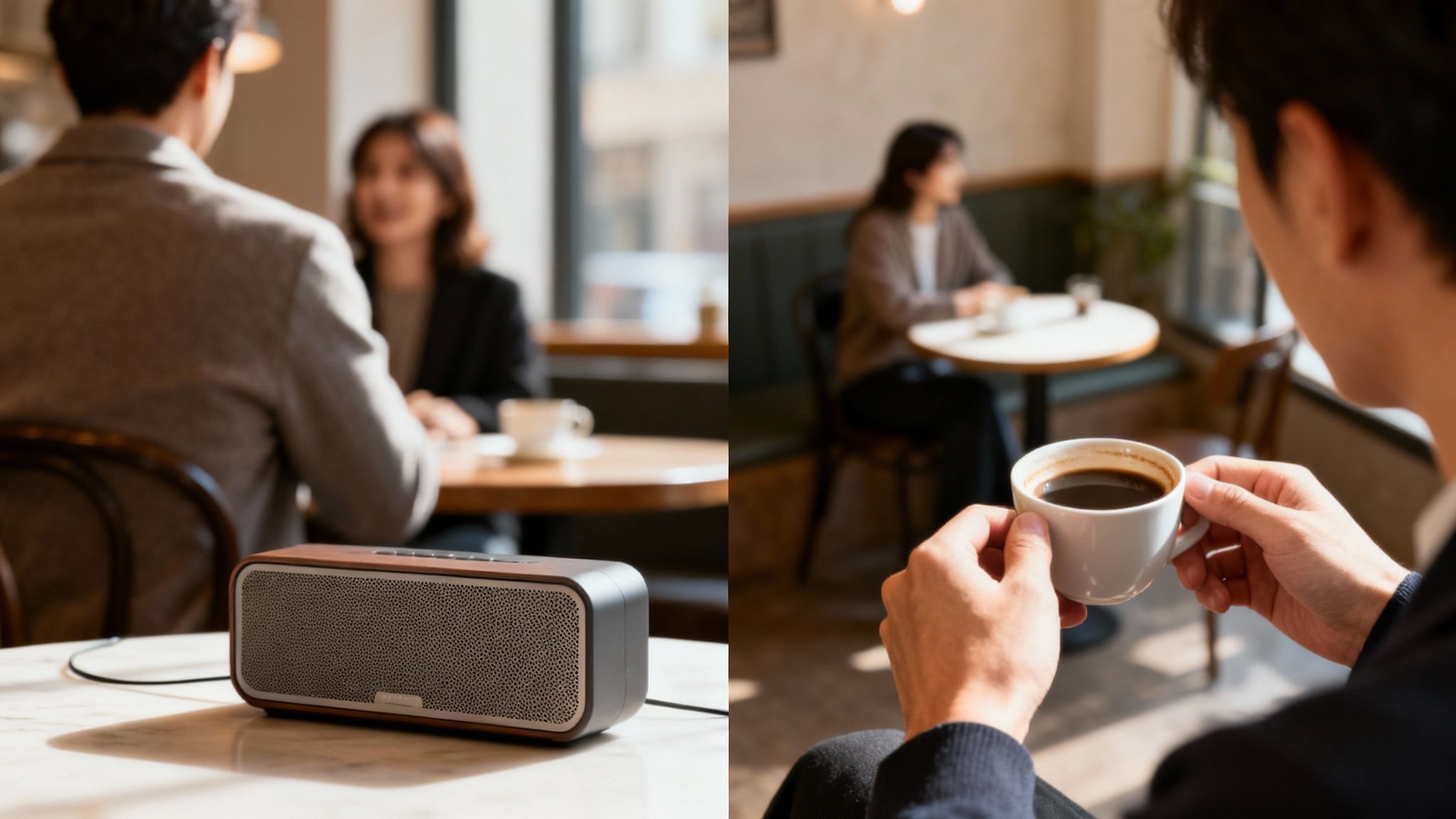Two people relaxing in a bright coffee shop, one holding a cup, a speaker on the table.