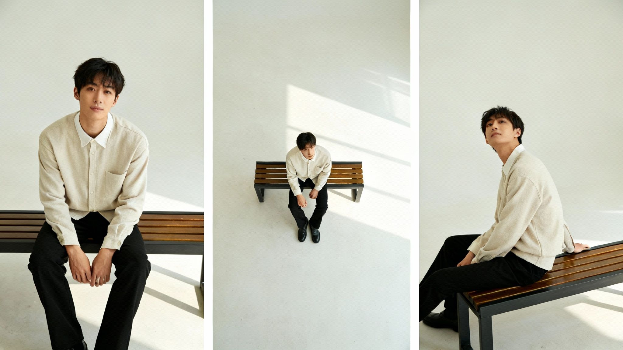 A stylish young man sitting on a bench, captured from three distinct camera angles.