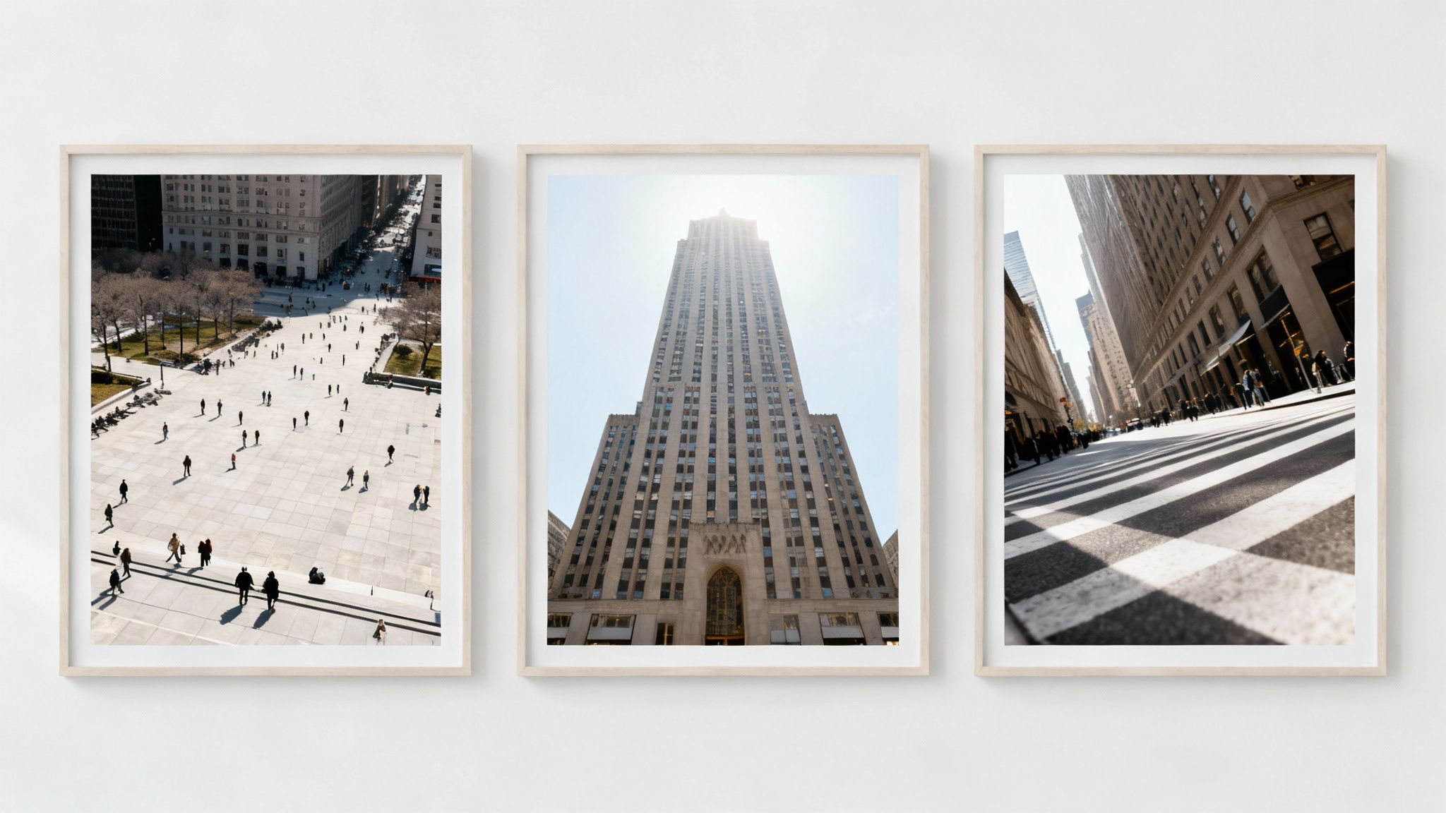 Three framed photos showcase different camera angles of bustling cityscapes and architecture.