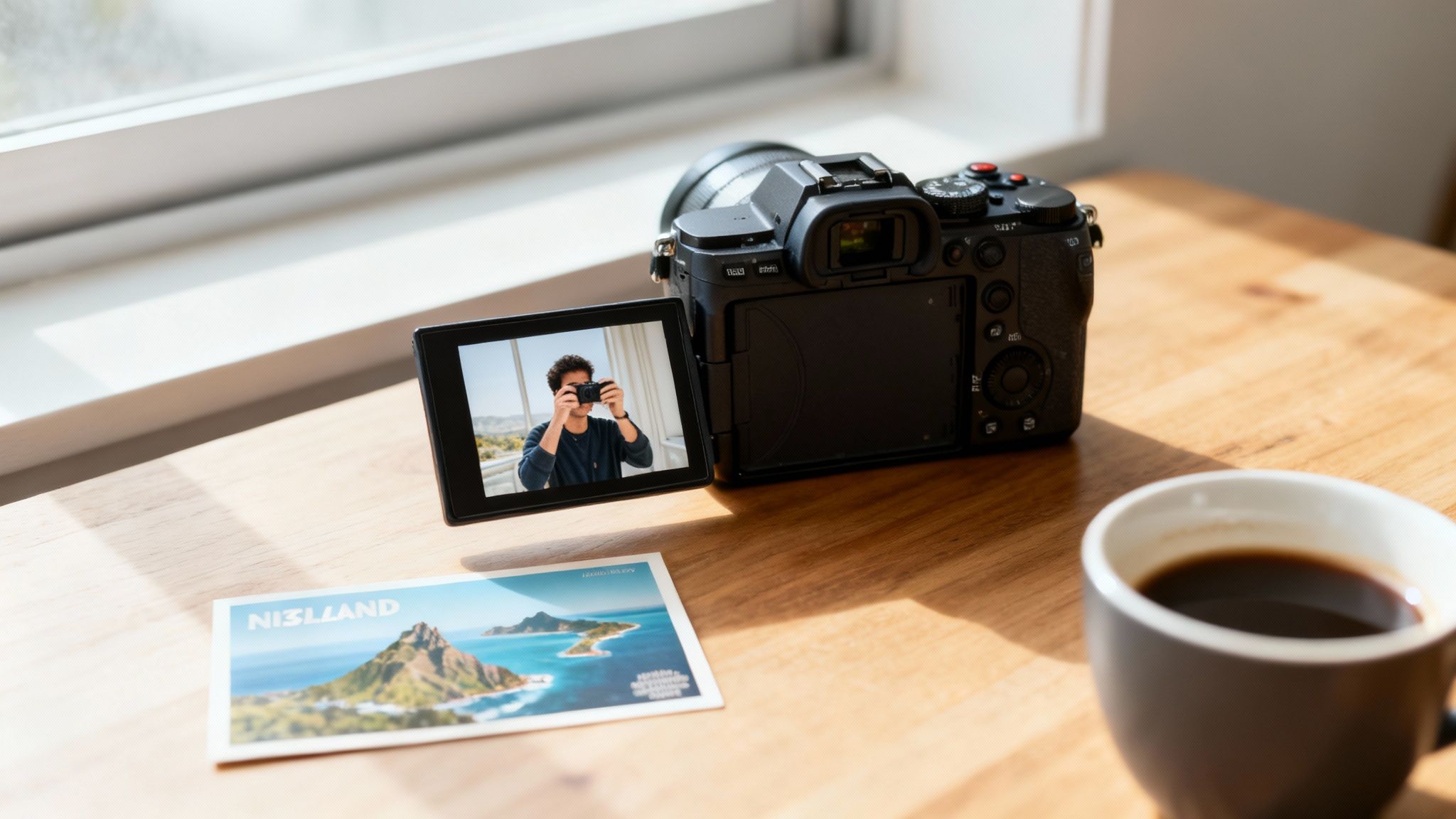 A camera on a wooden table displays a person taking a photo, next to a postcard and coffee.