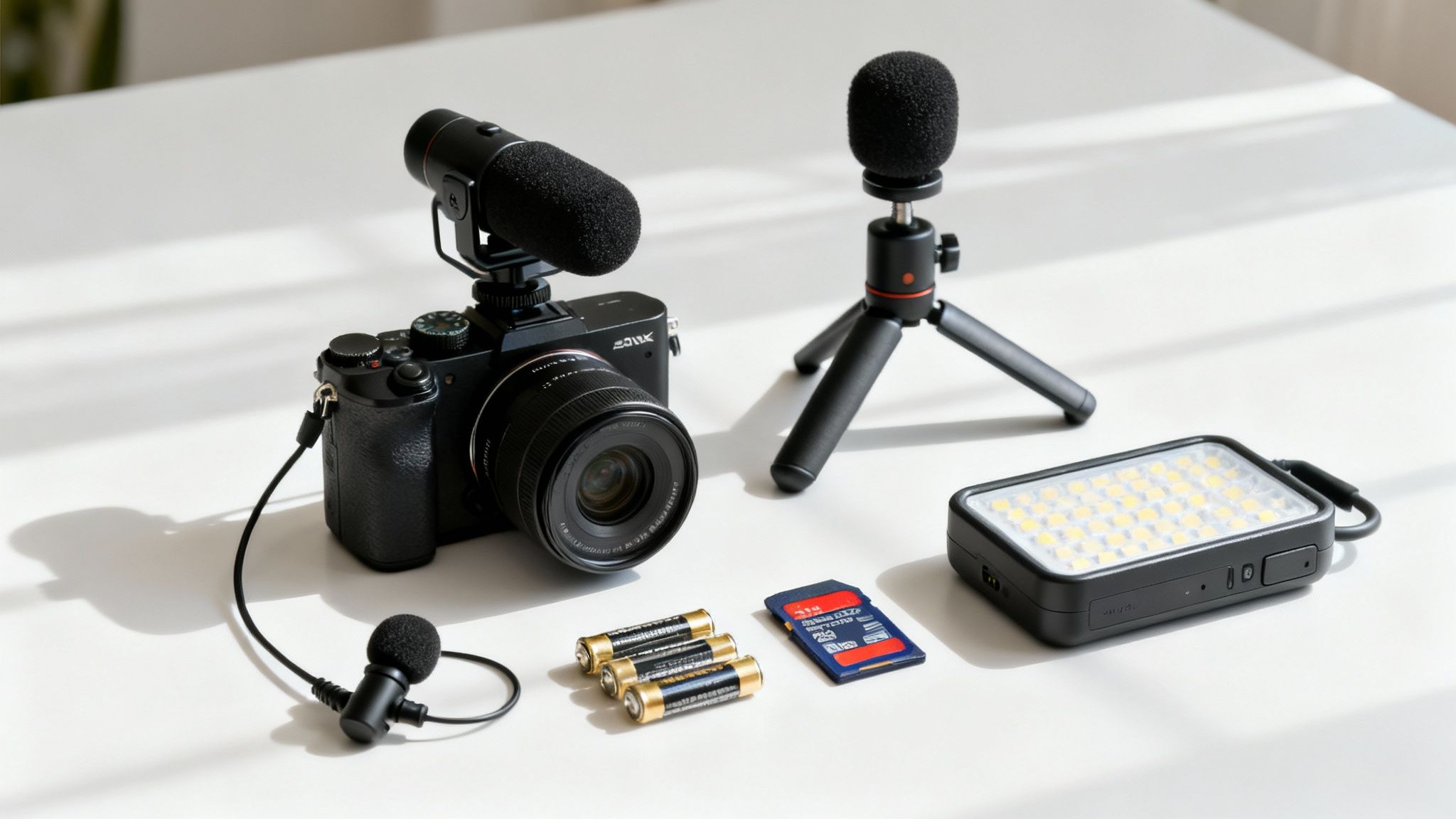 A flat lay of vlogging camera equipment including a camera, microphones, LED light, and accessories on a white table.