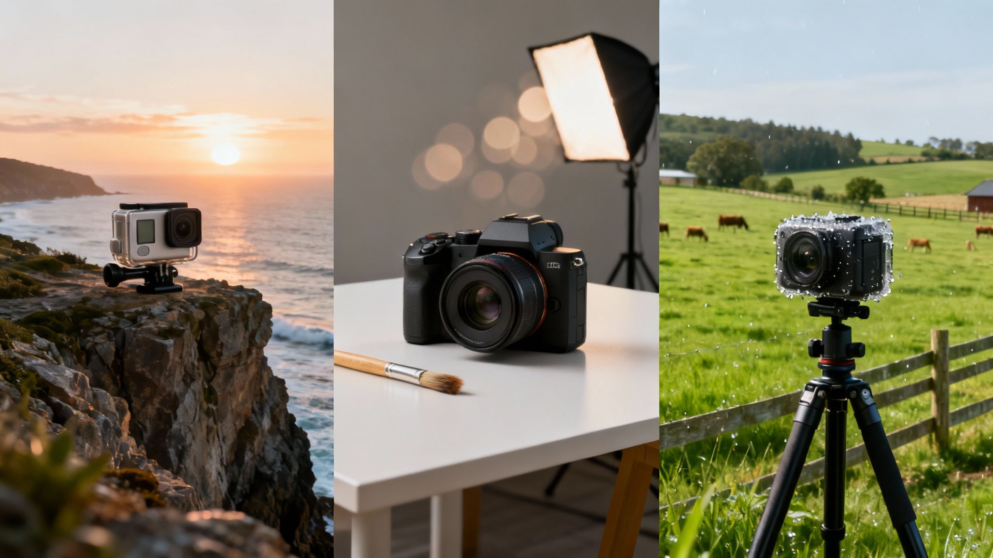 Three cameras in various settings: action camera by ocean, DSLR with studio light, and waterproof camera in rain.
