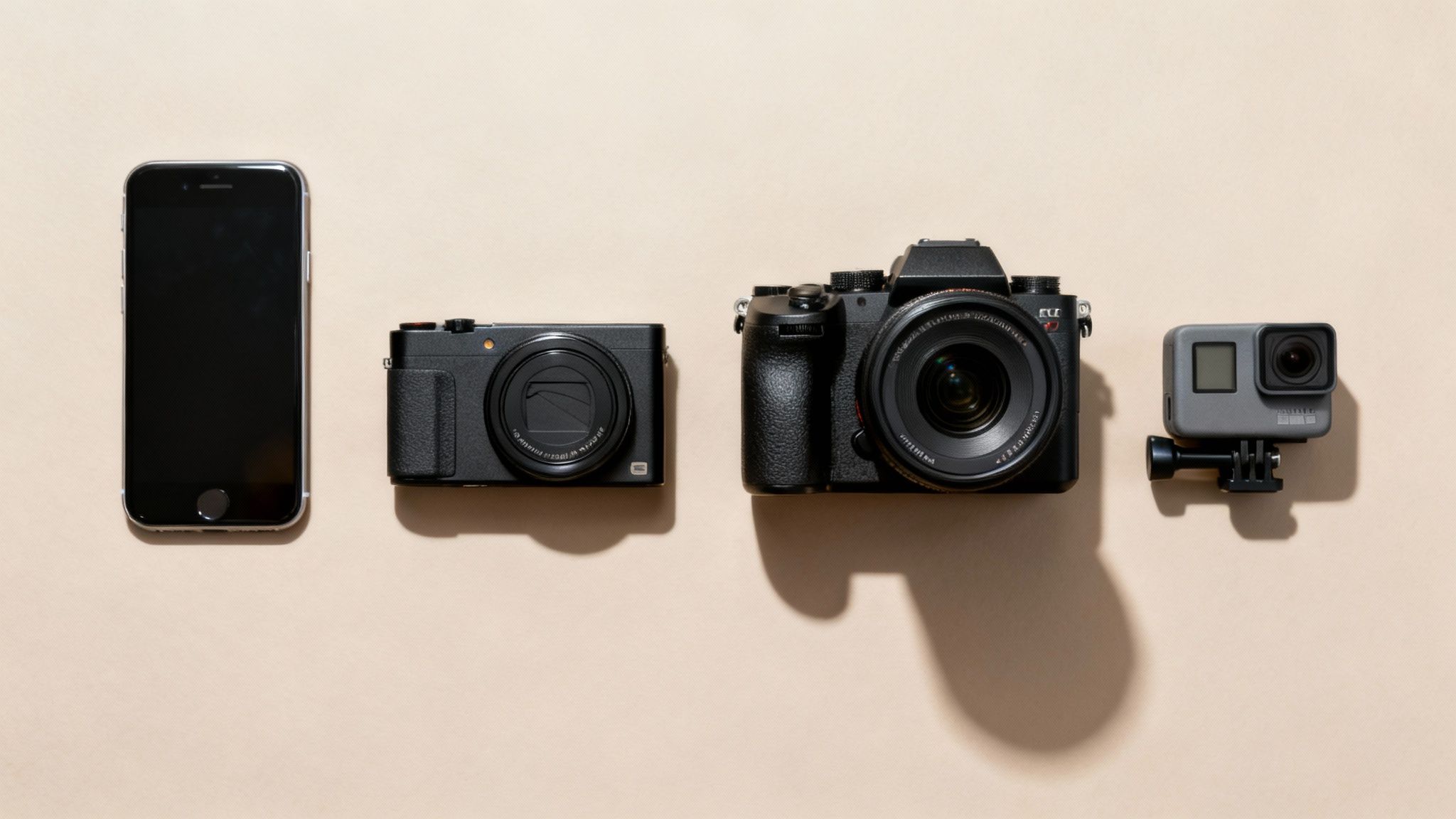 A smartphone, compact camera, mirrorless camera, and action camera displayed side-by-side on a light background.