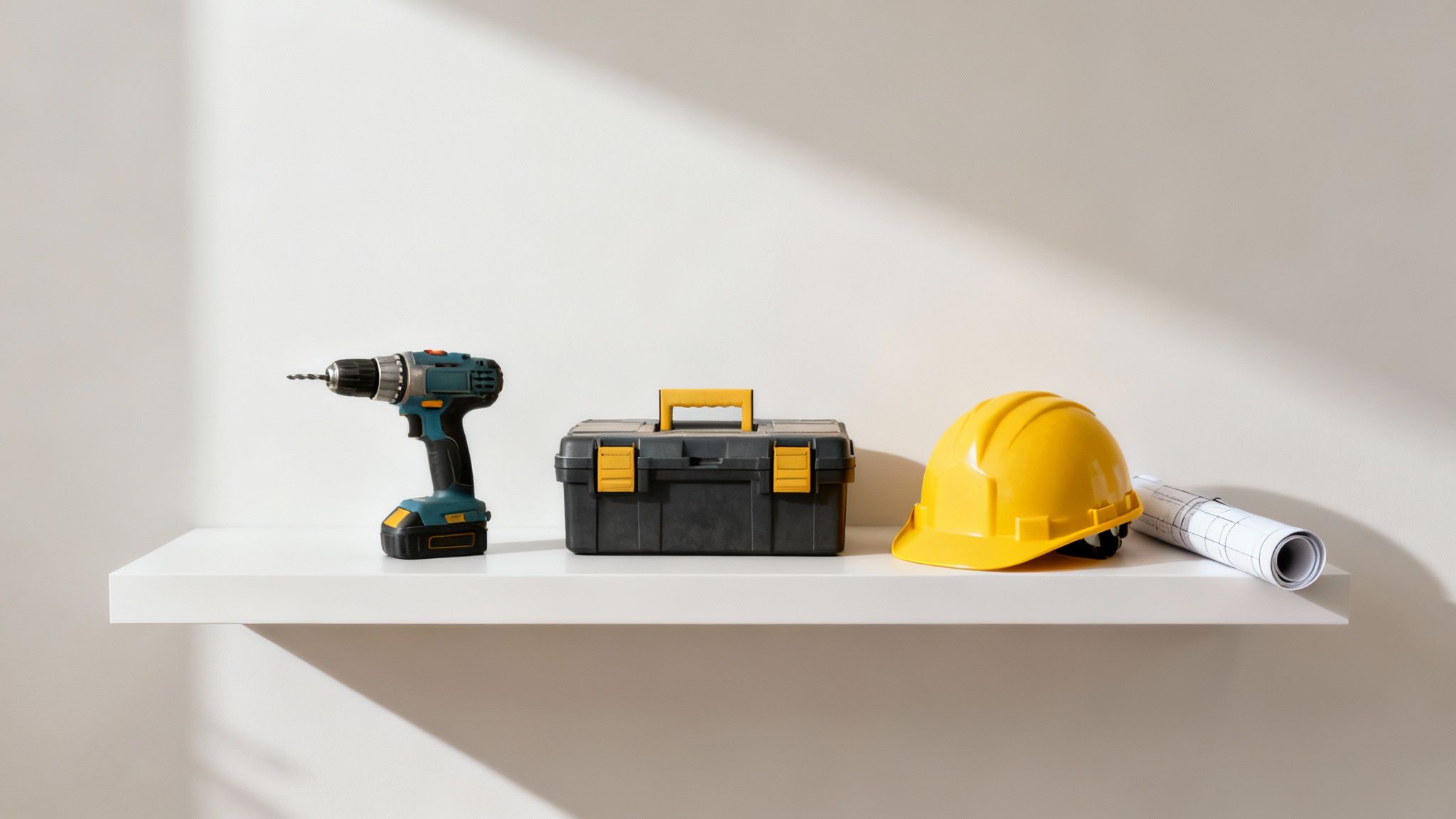 Construction tools on a white shelf: a drill, toolbox, yellow hard hat, and rolled blueprints.