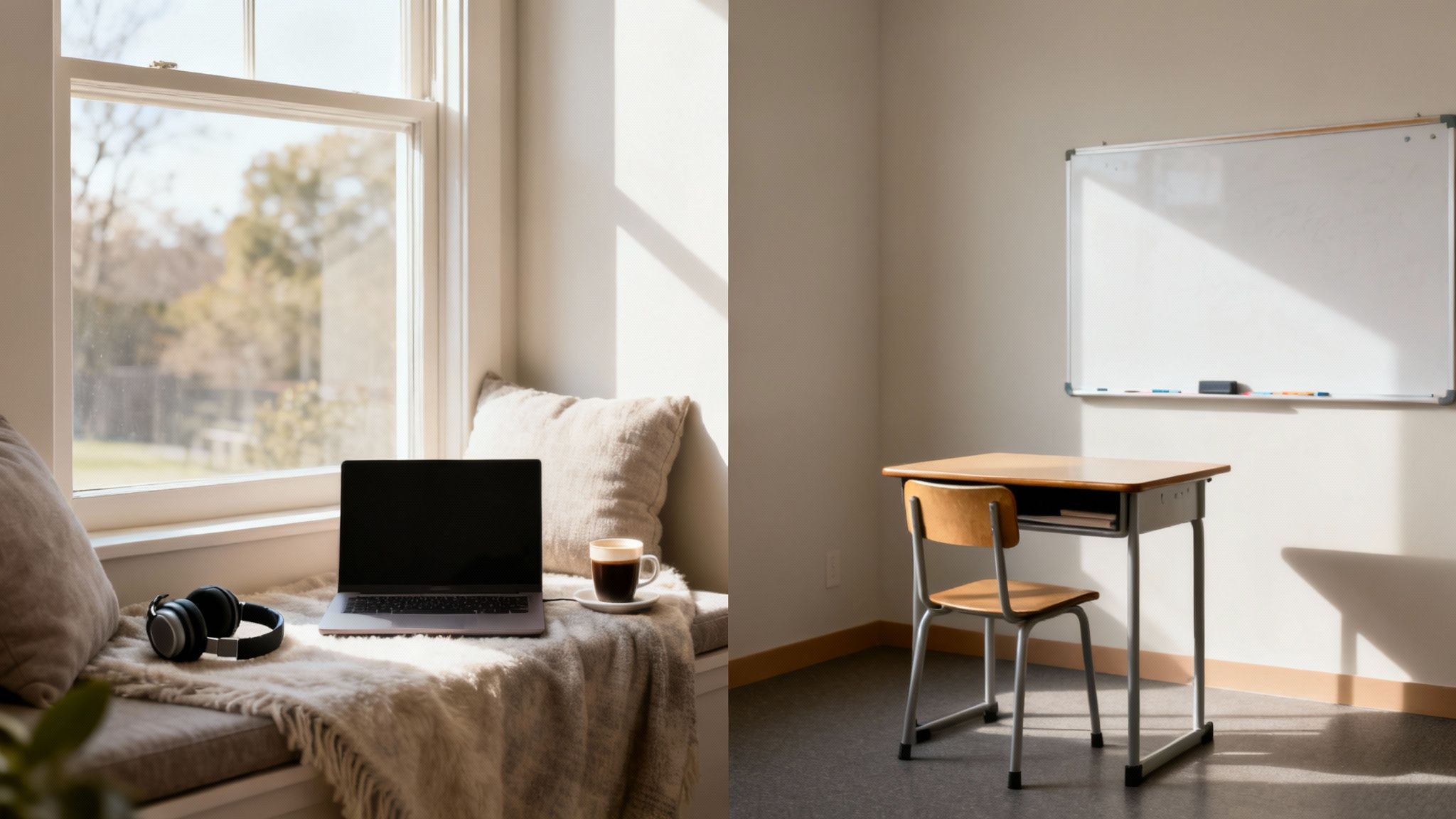 Two scenes: a laptop on a window seat with coffee, and a school desk with a whiteboard.