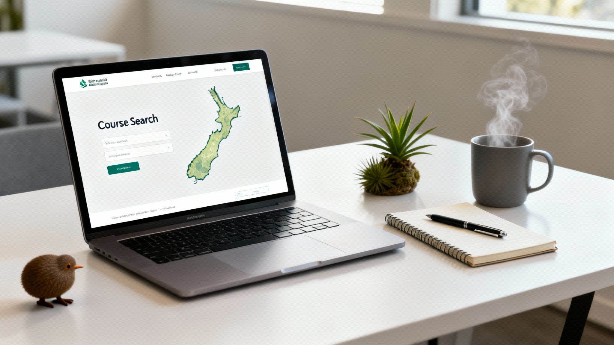 A modern workspace with a laptop showing a New Zealand course search, a kiwi bird, a plant, and a steaming mug.