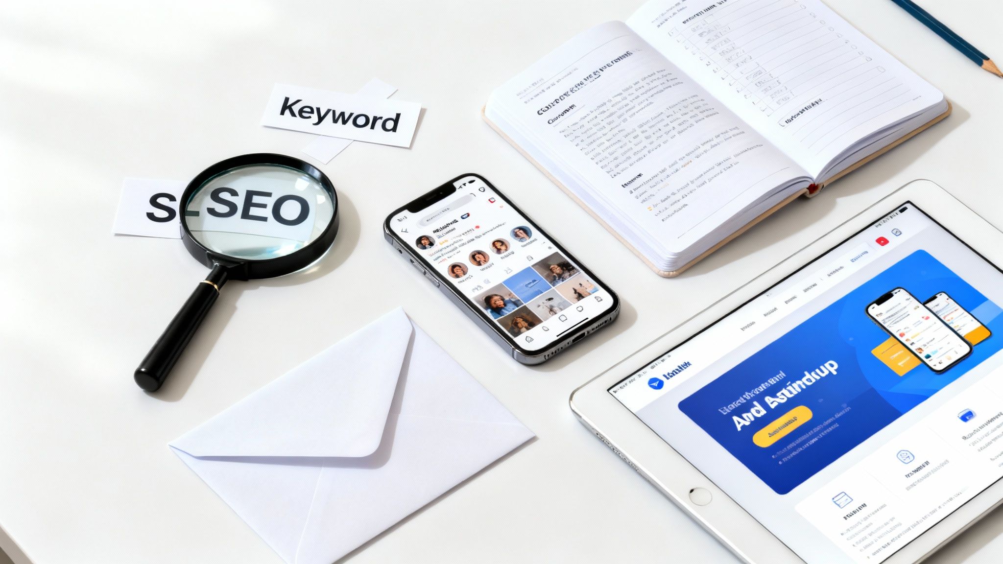 A flat lay of digital marketing tools: SEO keyword, magnifying glass, smartphone, tablet, and notebook.