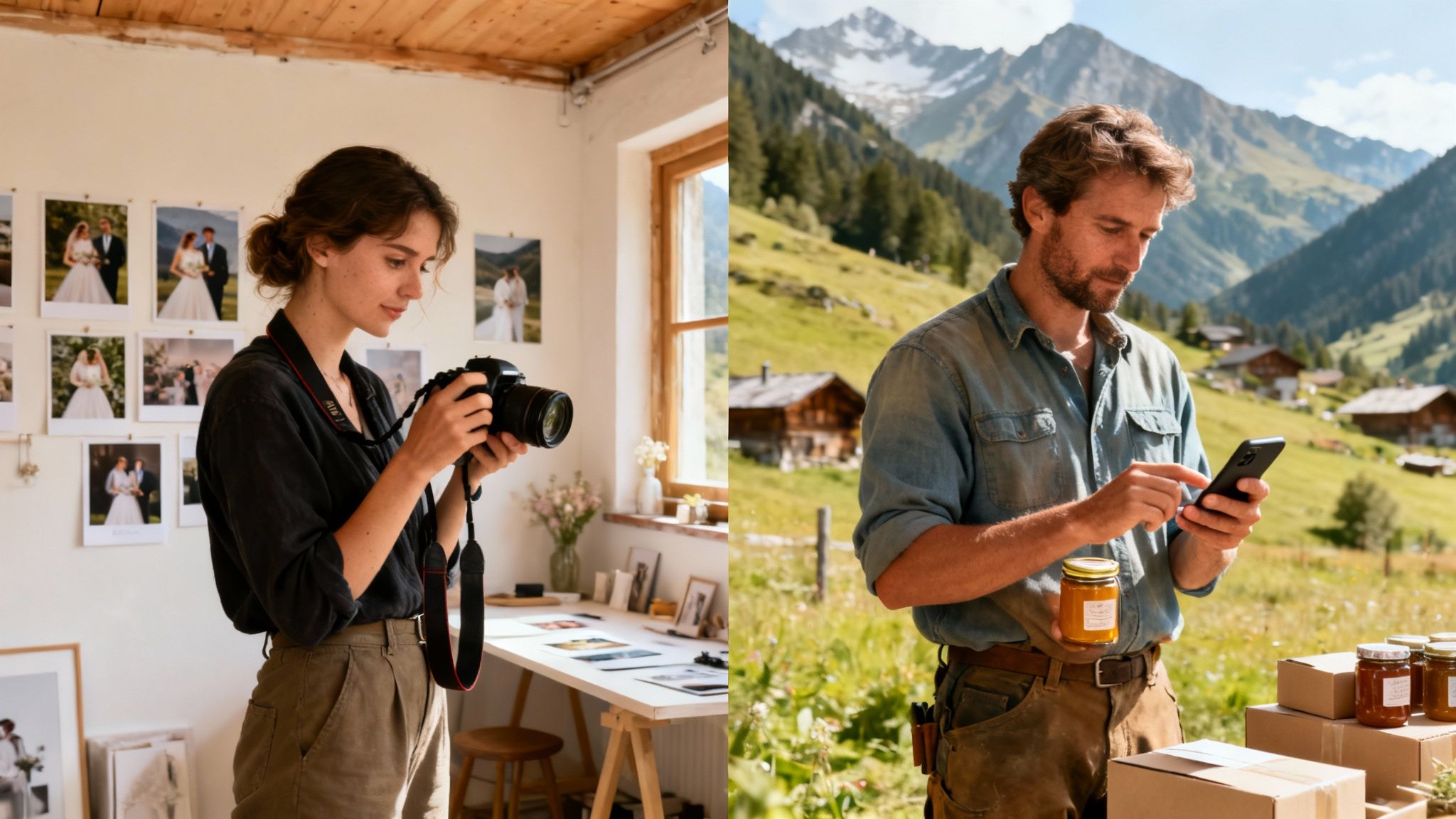 A wedding photographer reviewing photos indoors and a man selling honey outdoors in mountains.