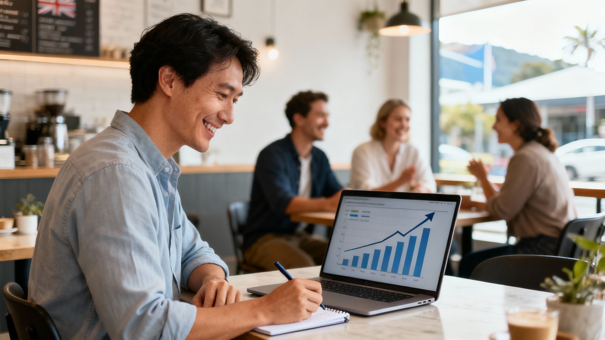 Smiling man analyzes marketing growth on a laptop, taking notes in a vibrant coffee shop.