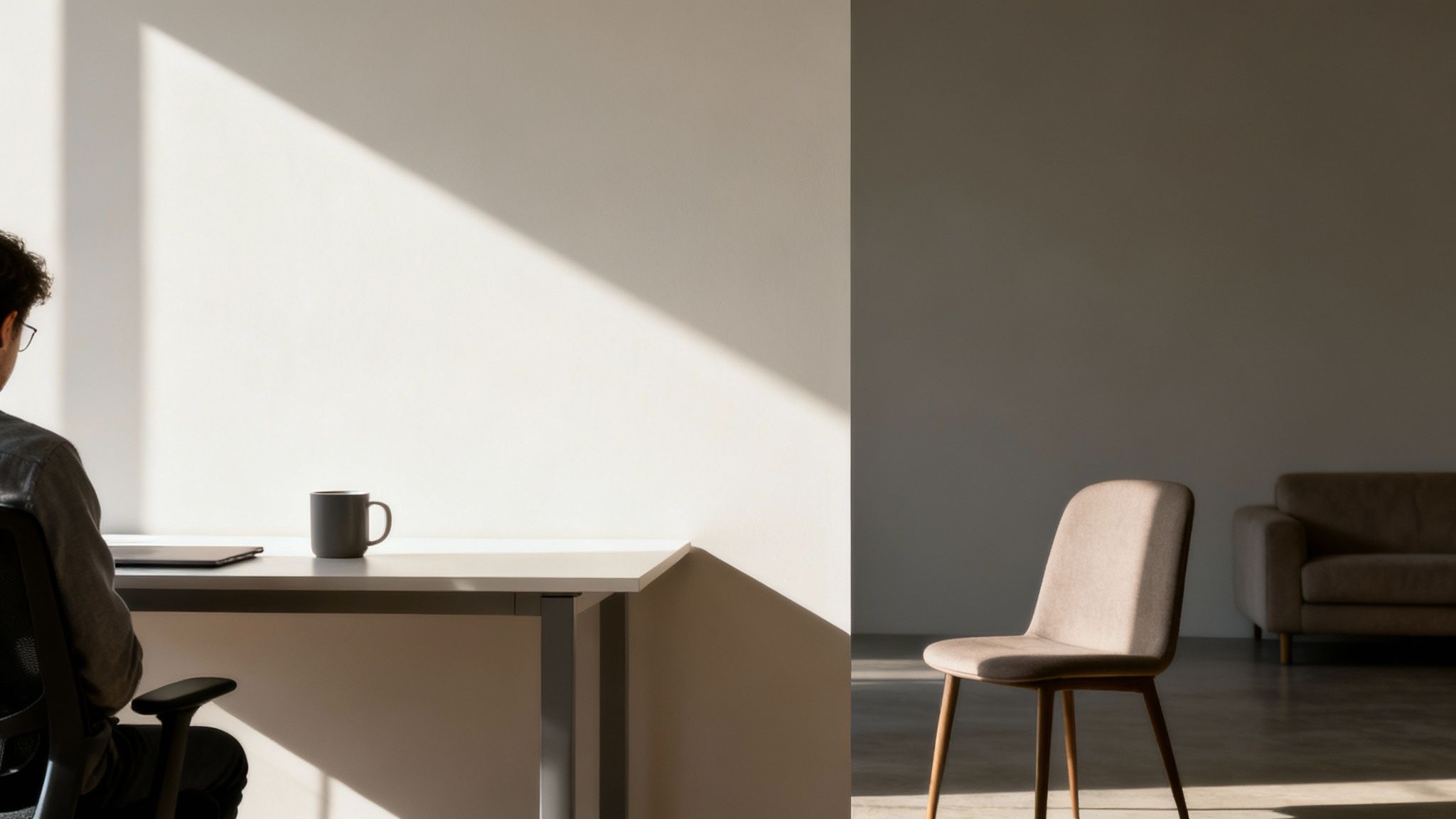 A person works at a minimalist desk with a laptop and mug, bathed in sunlight.